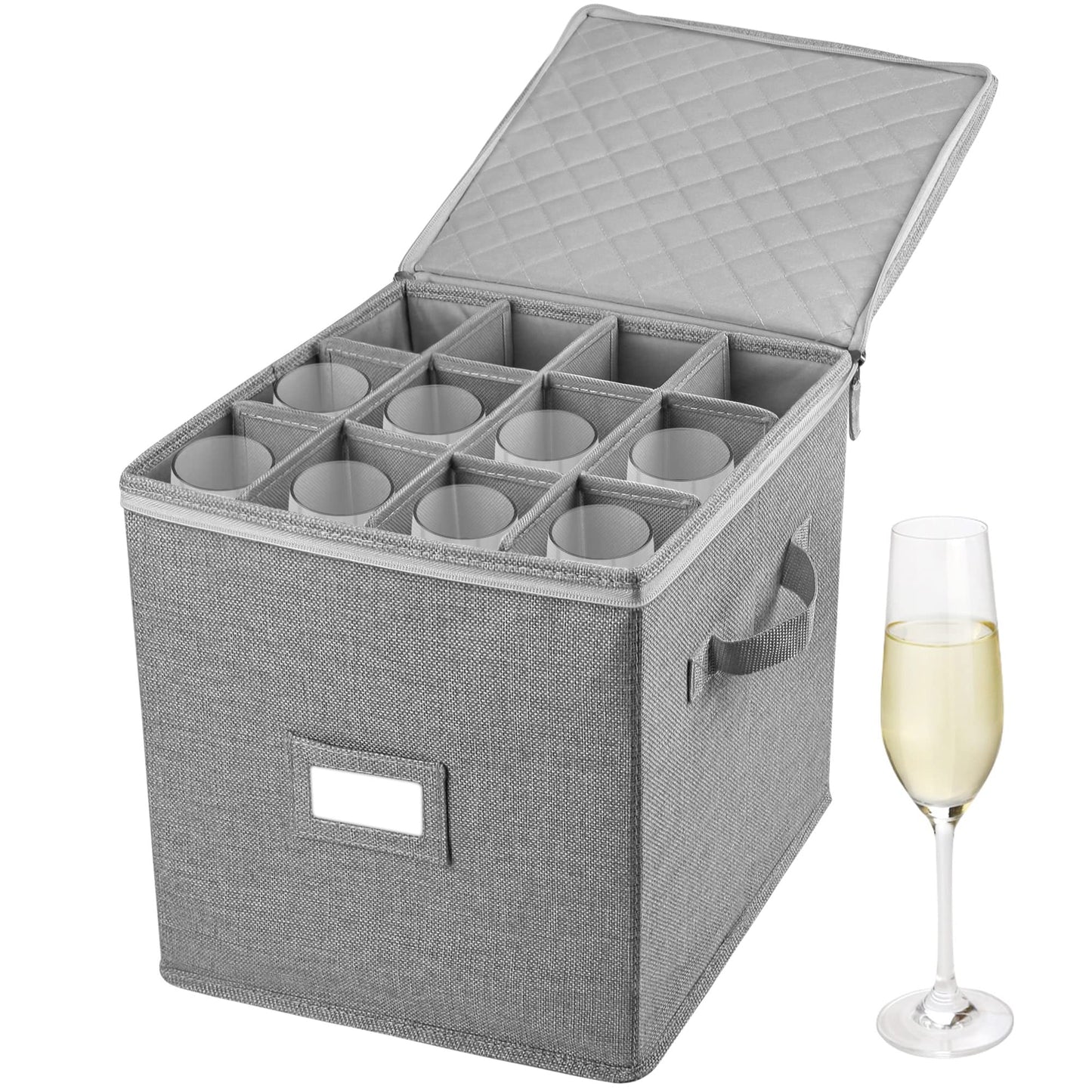 LotFancy Champagne Flute Storage Container, Hard Shell, Stackable, 12" Tall Wine Glass Storage Box with Dividers & Handles, Stemware, Crystal Glassware, Drinkware Case for Moving, Grey