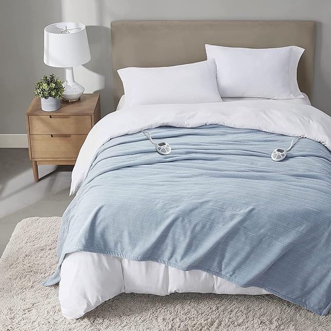 Serta Travis Fleece Ultra Soft Tri-Rib Textured Electric Blanket, Cozy and Snuggly Cover Fast Heating for Cold Weather, Auto Shut Off, Multi Heat Setting Controller, King, Dusty Blue