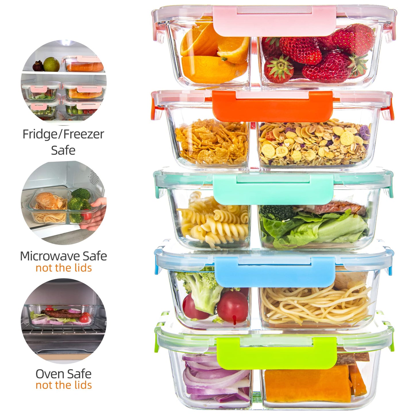 CZUMJJ Glass Meal Prep Containers 2 Compartment with Lids (5 Pack, 34oz), Divided Glass Storage Containers for Lunch at Work, Leak-Proof Portion Control Food Containers, Microwave/Dishwasher Safe