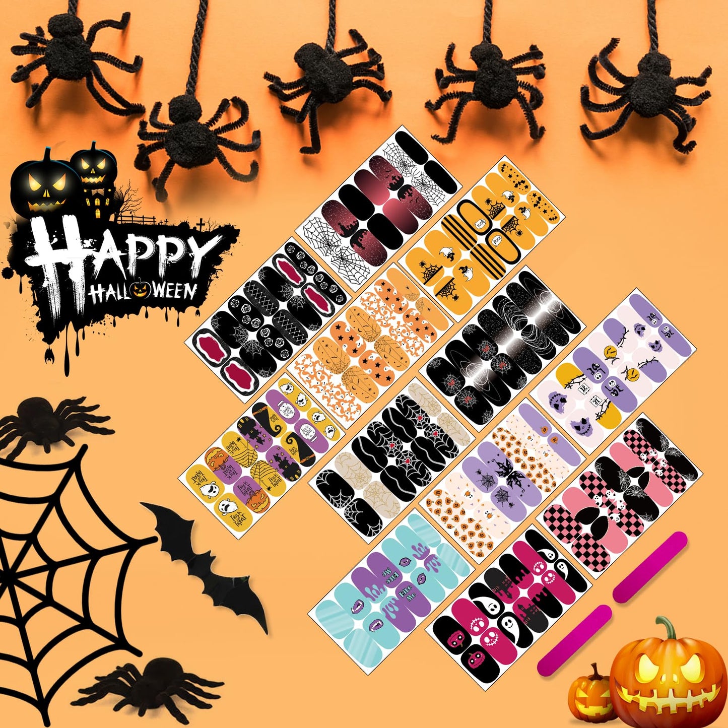 12 Sheets Halloween Nail Wraps Stickers, Nail Polish Strips DIY Self-Adhesive Full Glitter Nail Art Decals Pumpkin Bat Ghost Spider Skull Pattern with 2 Piece Nail Files for Party Decor (168 Pieces)