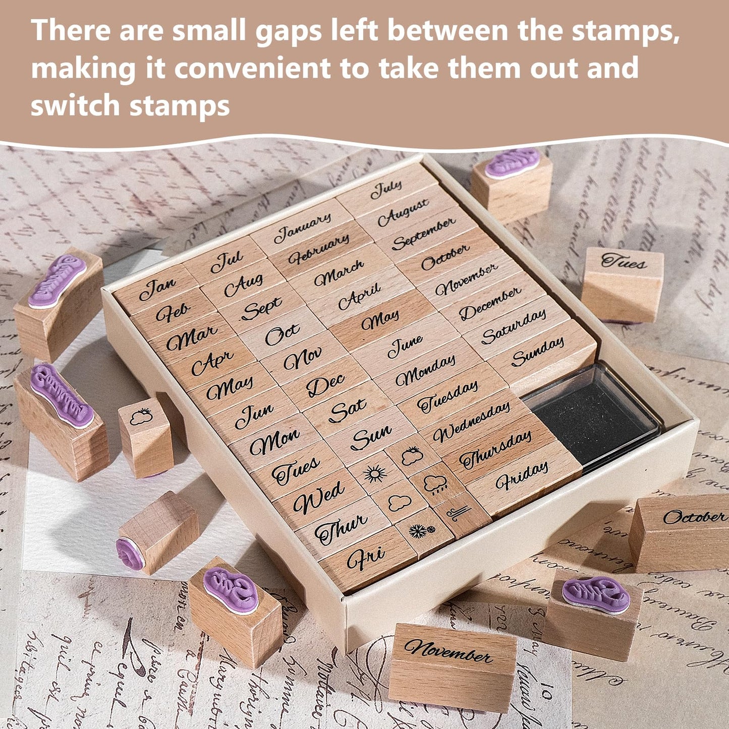 CraftyManor 44PCS Mini Wooden Stamp Set, Vintage Month Week Weather Rubber Stamps with Black Ink Pad for Crafting, Scrapbooking, Journaling, CardMaking
