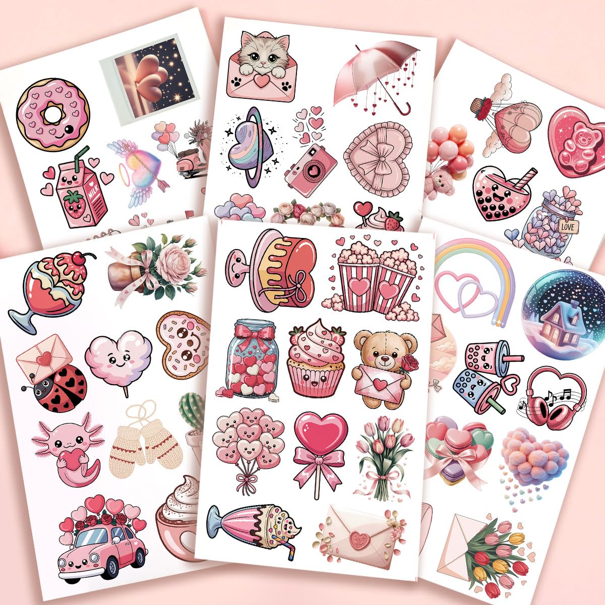 60 Pcs Cute Kawaii Valentine Stickers Pack – Romantic Love Heart, Donut, Bear & Cupcake Vinyl Decals for Water Bottles, Laptops, Journals & Gift Wrapping, Aesthetic Pink Love Stickers Set (Valentine3)
