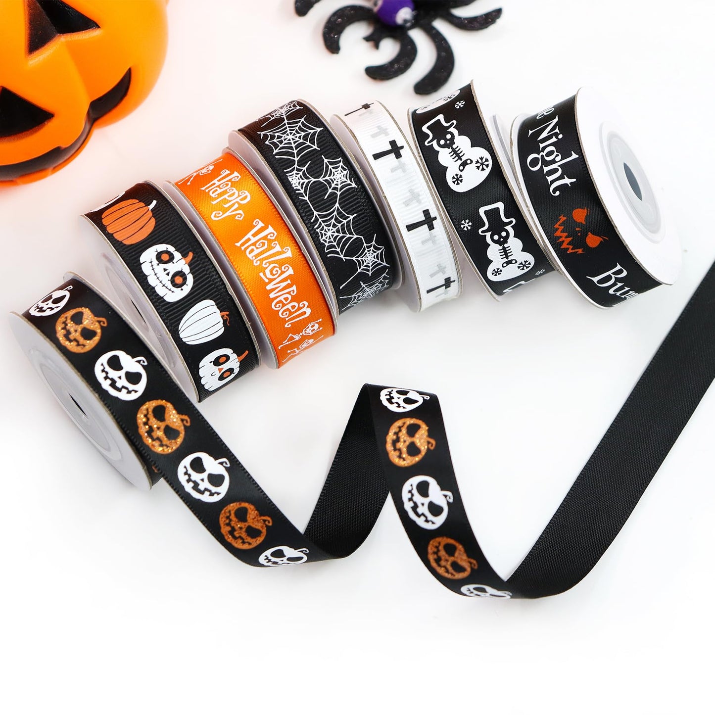 13 Rolls 65 Yards Halloween Ribbon Spider Skull Gnome Pumpkin Ribbons Halloween Printed Ribbon Gift Wrapping Home Wreath DIY Craft Party Decoration