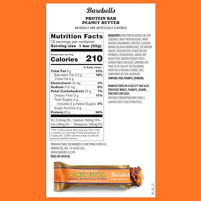 Barebells Protein Bars Peanut Butter - 12 Count, 20g High Protein Treats - Chocolate Nutrition Bar with 1g Total Sugars - On-The-Go Breakfast or Post-Workout Snack