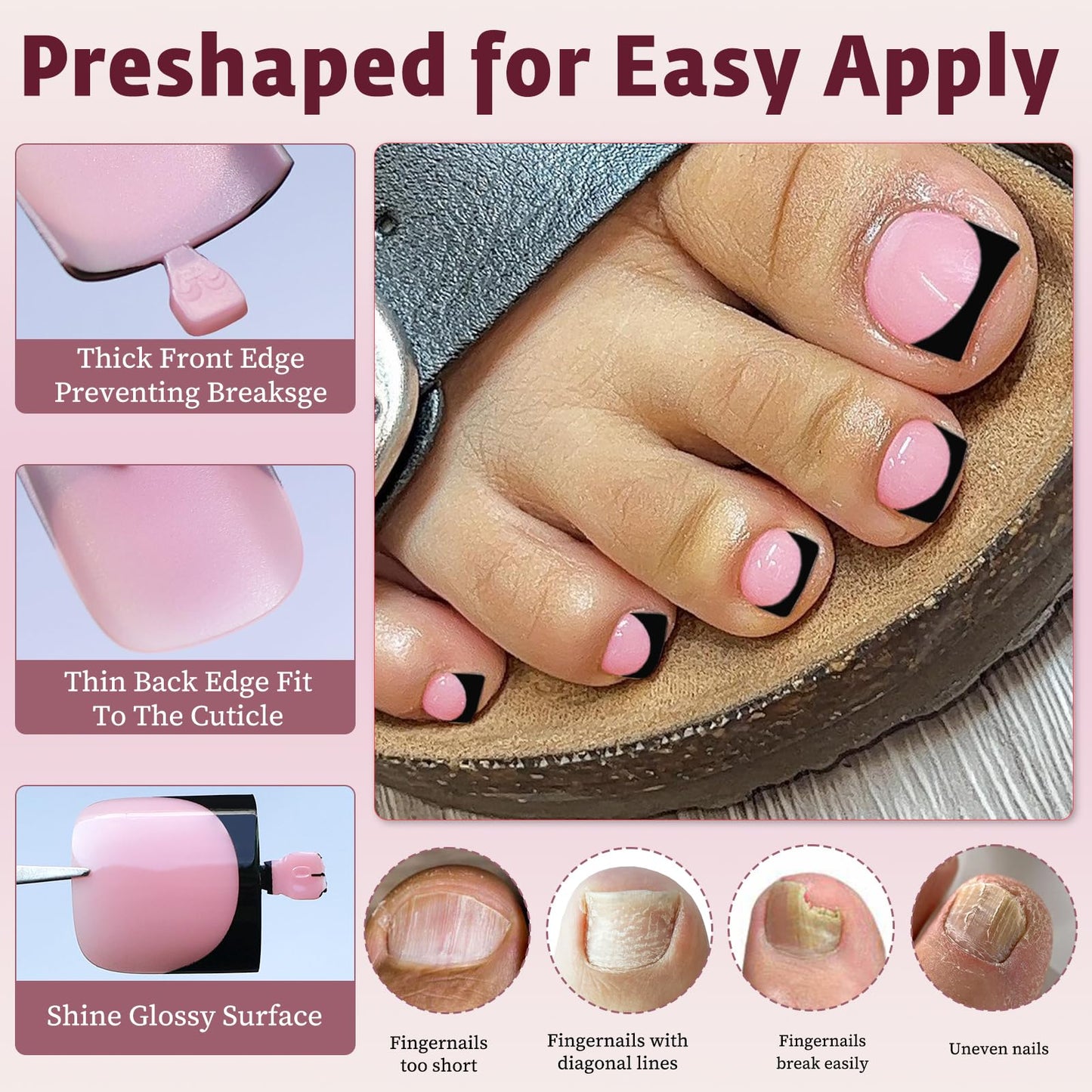 Bellelfin French Press On Toenails For Women with Nail Adhesive Tabs, 150 Pcs Black French Tip Toe Nail Press Ons, Short Square Toenail Press On, 15 Sizes Full Cover Acrylic Fake Toe Nails