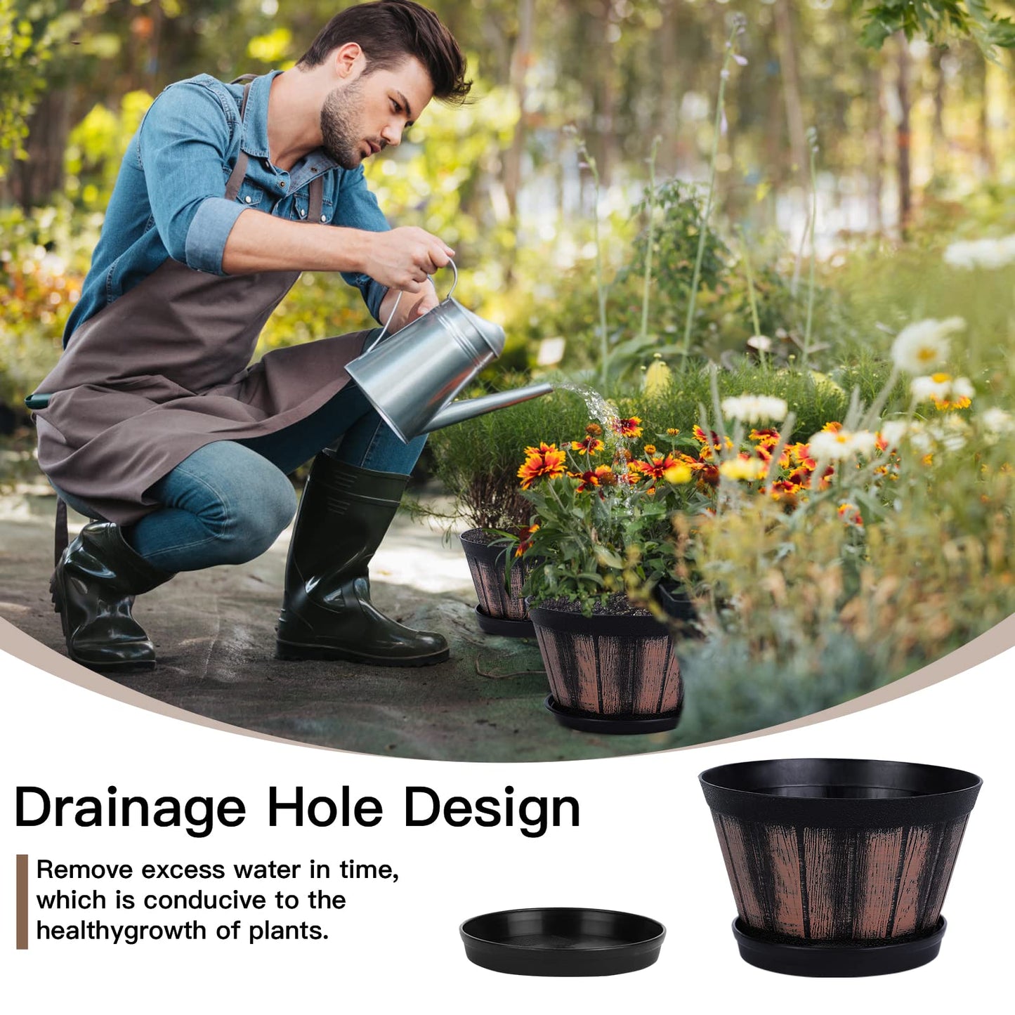 Quarut 6 inch Brown Barrel Planters with Drainage Holes & Saucer, Set of 4, Indoor & Outdoor Garden Home Plants
