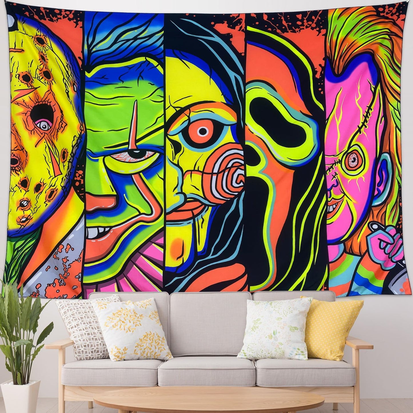 Black Light Art Halloween Wall Decor Trippy Blacklight Horror Face Tapestry, UV Reactive Tapestries Glow in The Dark Party Tapestry for Bedroom, Living Room (51" x 59")