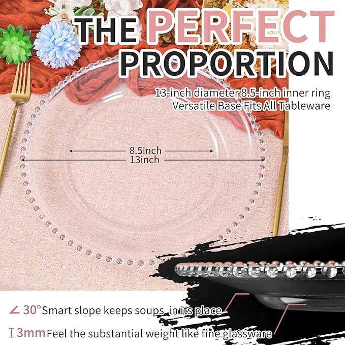 12 Pack Clear Charger Plates Bulk Wedding, 13 Inch Plastic Round Dinner Chargers with Pink Beaded Rim, Acrylic Round Decorative Plates for Wedding Party Home and Tabletop Decor (Pink)