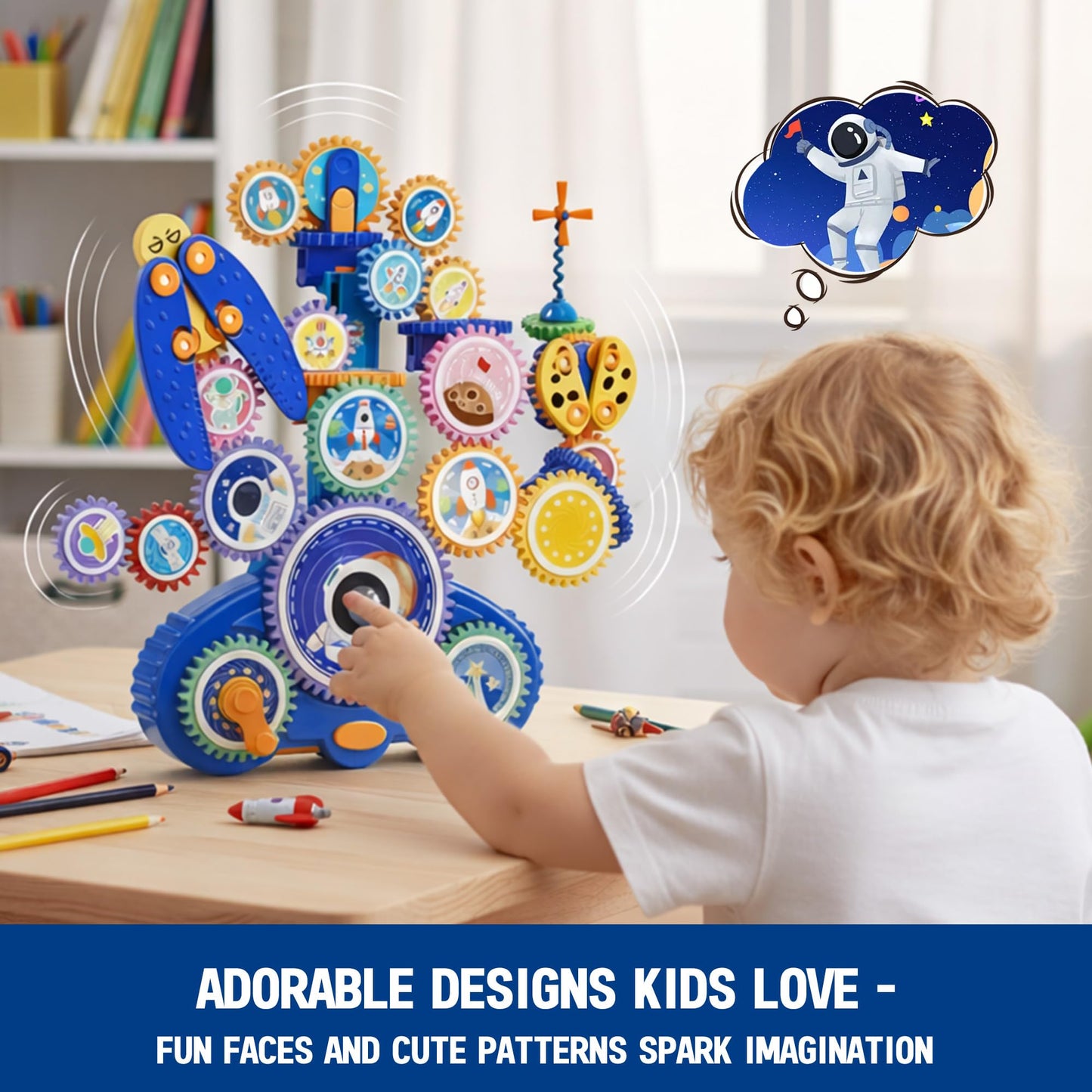 ROHSCE Motorized Spinning Gear Building Toys for Kids, Space Rocket STEM Construction Set, Educational Interlocking Building Blocks Puzzle | Gear Toys for Toddlers Ages 3-8