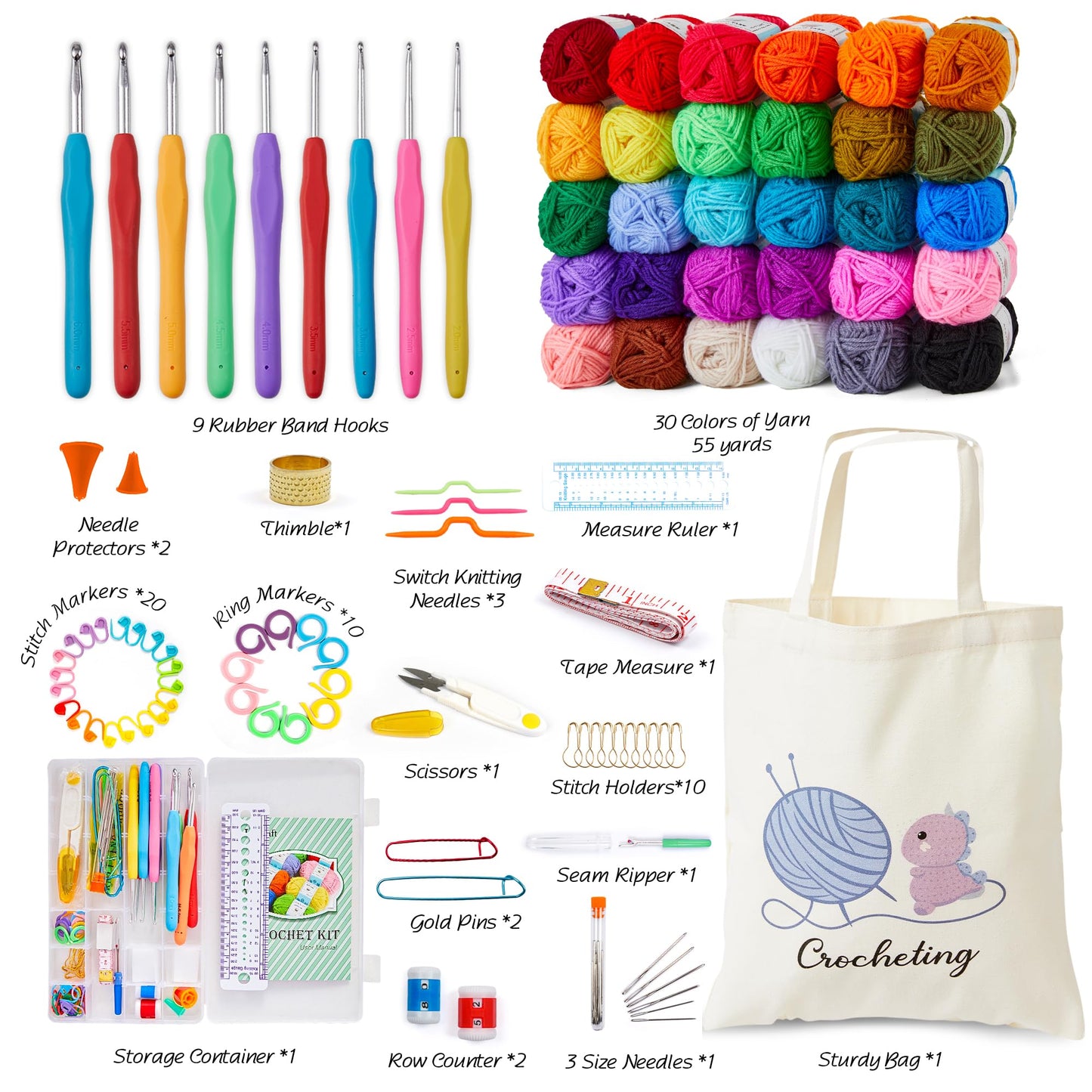 INSCRAFT Crochet Kit for Beginners Adults, 30 Acrylic Yarn Skeins 1650 Yards Yarn, 105 PCS Crochet Kit with Hooks Set,Includes Canvas Tote Bag, Ideal Starter Pack for Professionals