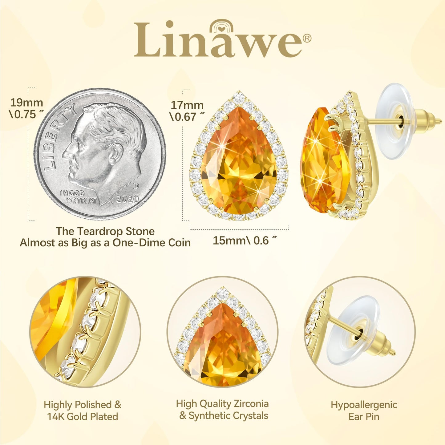 Linawe Yellow Citrine Stud Earrings, Gold Hypoallergenic Statement Imitation Diamond Wedding Earrings Studs, Orange Cubic Zirconia Teardrop Rhinestone Crystal Piercing Earrings Set