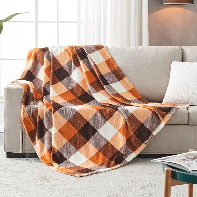 SOCHOW Buffalo Plaid Flannel Fleece Throw Blanket 60 x 80 Inches, Soft Lightweight Cozy All Season Orange Checkered Blanket for Bed, Couch, Car