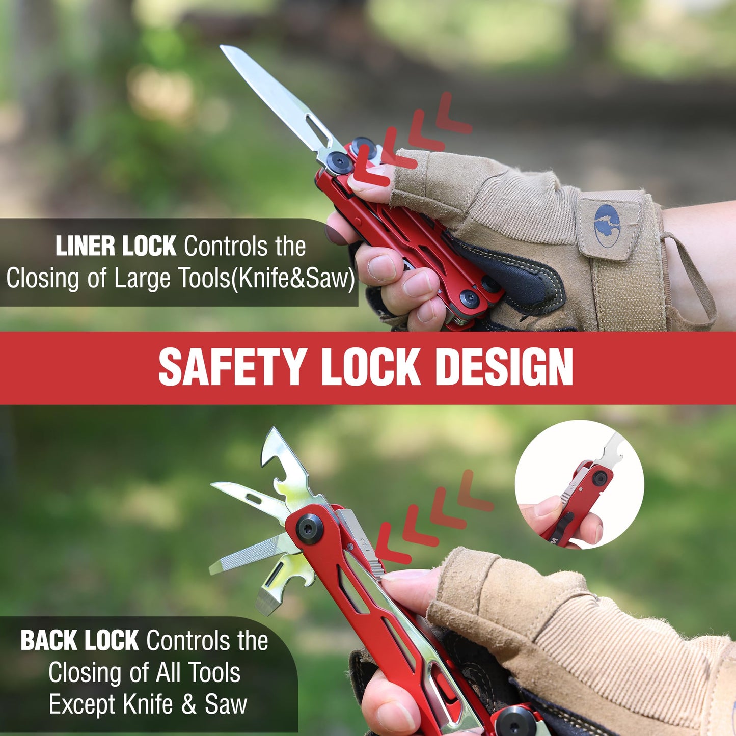 WORKPRO 24-in-1 Mutitool, Stainless Steel Multitool Pliers with Pocket Knife and Screwdrivers, EDC Self-locking Multi Tool with Sheath, Belt Clip for Outdoor Activities, Gifts for Men, Red