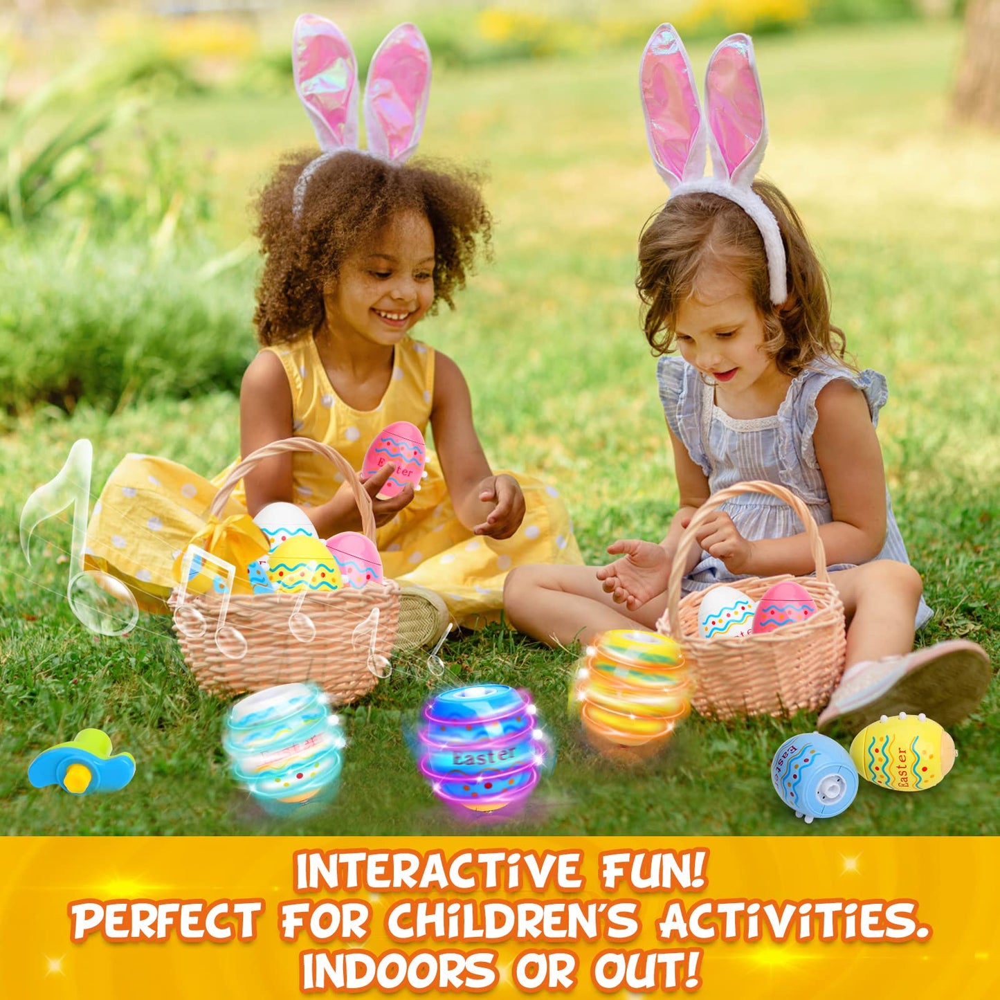 Light Up Easter Egg Toy Gifts for Kids, 6 Pack Easter Egg Spinning Tops with Flash & Music, Egg Fillers Essentials for Children, Glow in The Dark Hunt Prizes Goodie Bag Toys Party Favors