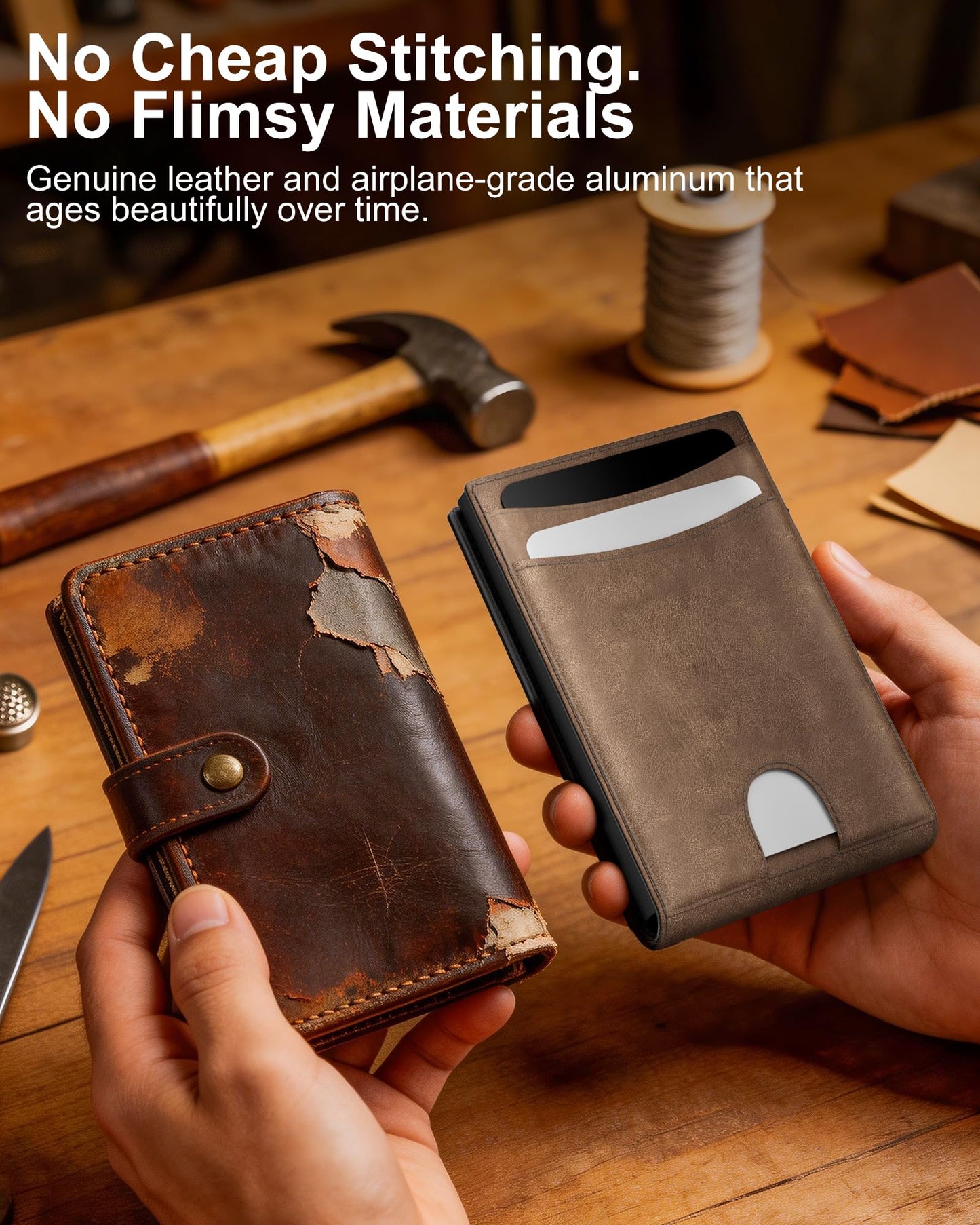 ERUSEHE Wallet for Men: Pop Up Card Case, RFID Blocking, Slim, Minimalist, Genuine Leather, Front Pocket, Smart, Thin, Compact, Magnetic Flap Closure - 2 ID Windows, Up to 12 Cards & 15 Bills (Brown)