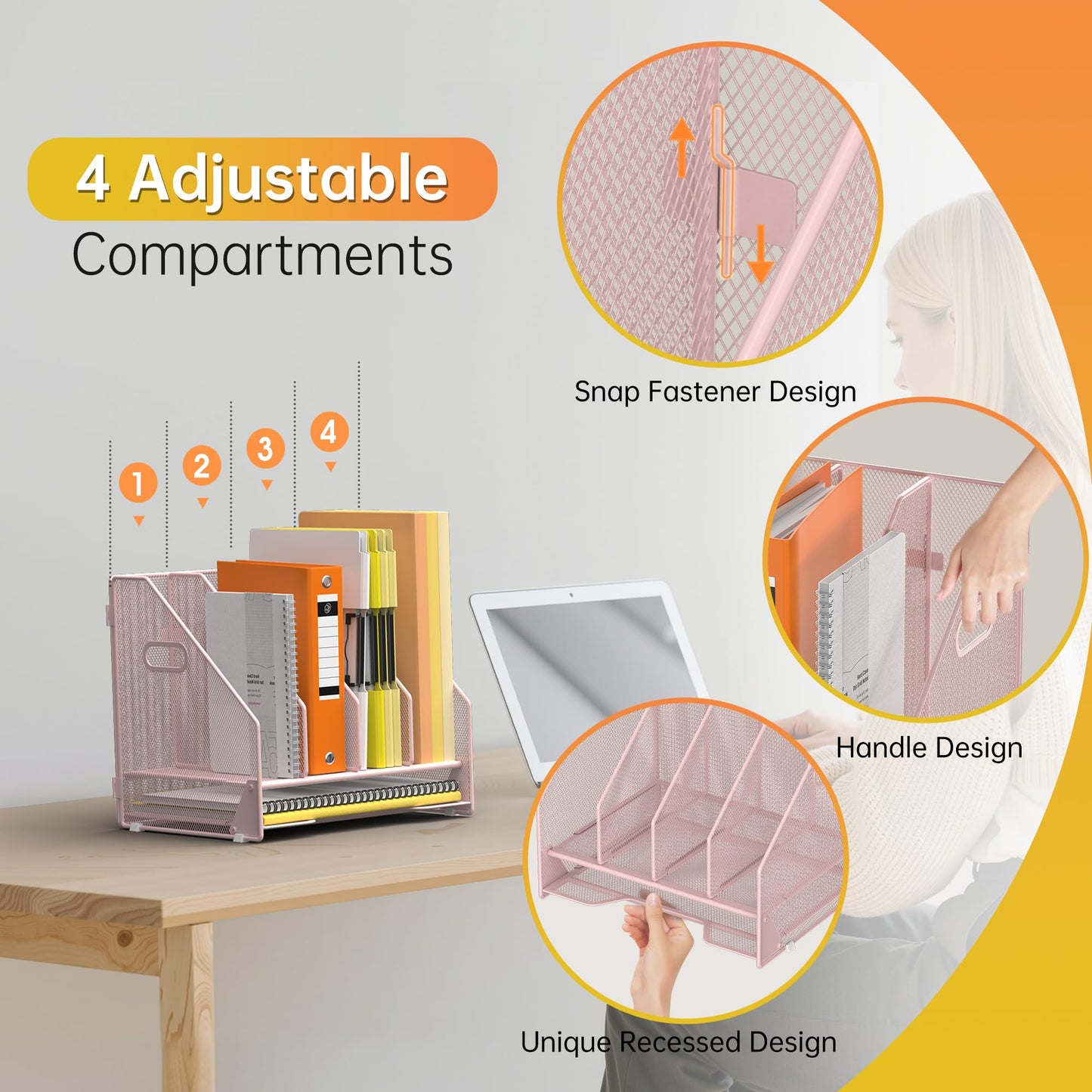 Docnest Desk File Holder Sorter, 4 Vertical Compartments Rack with Letter Tray, Mesh Magazine File Holder with Handle,Workspace Organizers,Desk Organizers for Paper, Mail, Documents-Pink