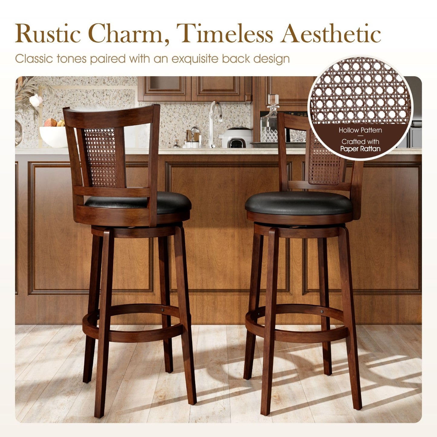 Sophia & William Swivel Bar Stools Set of 6, Bar Height Barstools with Backrest & Solid Wood Legs, Brown Faux Leather Kitchen Stools, 30 Inch