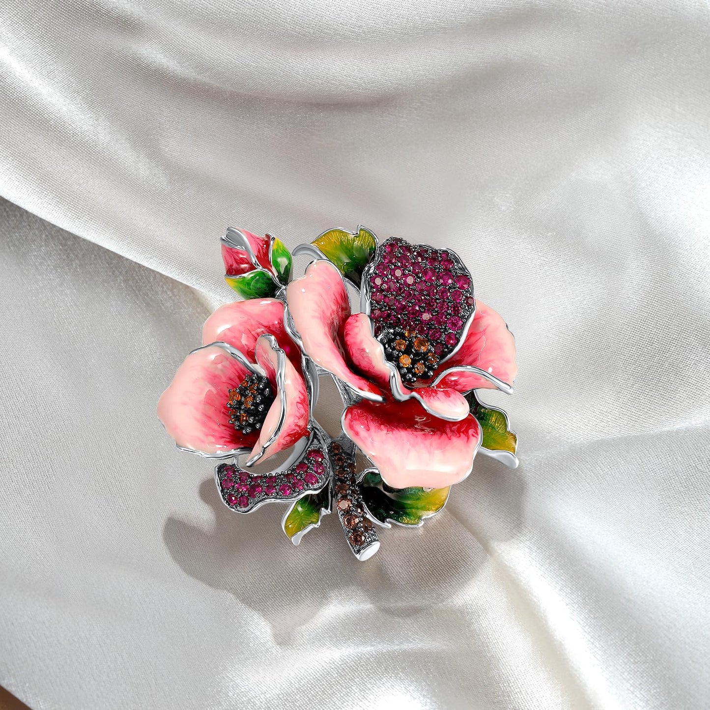 Santuzza Rose Brooch 925 Sterling Silver Created Ruby Nano Brown Spinel Enamel Pink Flower Brooch Pin for Women