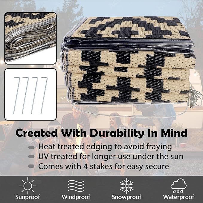 SAND MINE Reversible Mats with Led Strip Lights, Plastic Straw Rug, Modern Area Rug, Large Floor Mat for Outdoors, Patio, Backyard, Deck, Picnic, Camping, Black & Beige, 8' x 10'