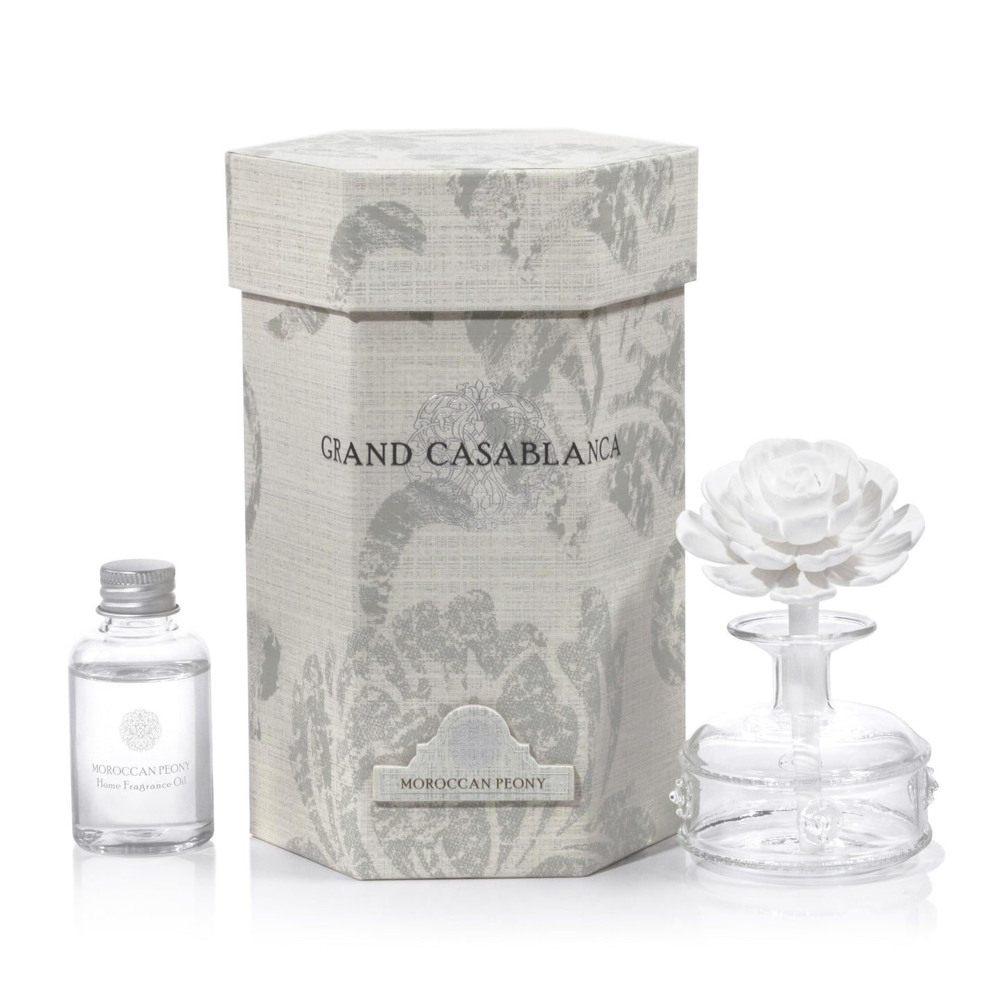 Zodax Grand Casablanca Reed Diffuser - Home Fragrance Oil Diffuser Ideal for Living Room, Bathroom, Office - Porcelain Flower Design - Gift Box Packaging Included - Moroccan Peony - 1.69 Oz.