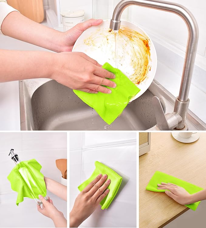 KitchLife Microfiber Cleaning Cloth Roll, 100 Pack - Tear-Away Microfiber Paper Towels, Lint-Free, Reusable, Washable for Kitchen, Car, Dishes, and Sensitive Surfaces (Neon Green)