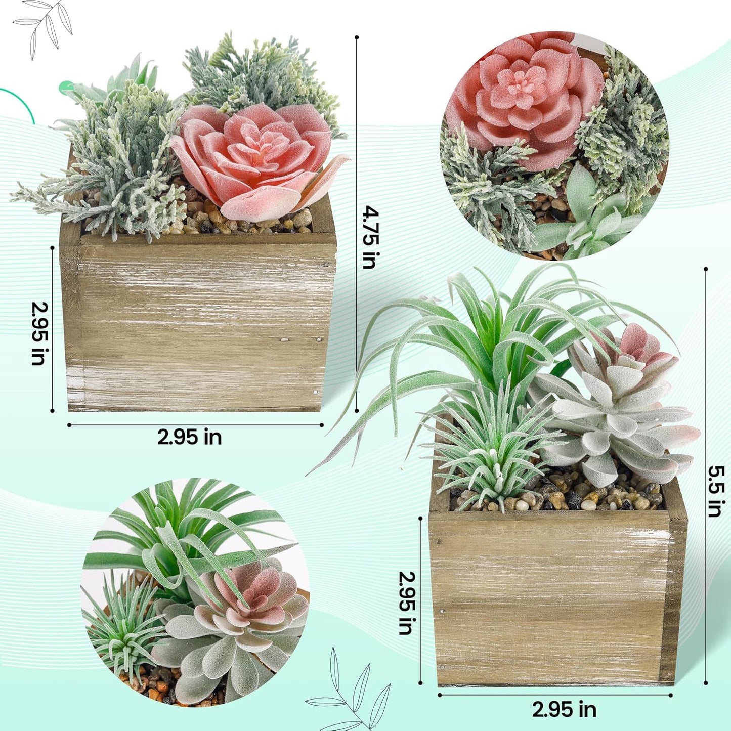Der Rose 2 Pack Fake Plants Succulents Plants Artificial Cactus Plants in Wood Pots with Pink Flowers for Farmhouse Bathroom Decor