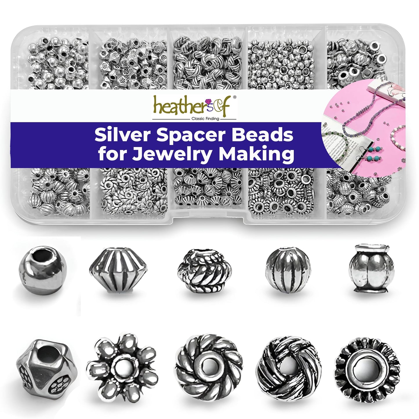 Heather's cf Metal Spacer Beads – Durable Quality & Antique Style – Assorted Silver Bead Spacers for Bracelets, Necklaces & Earrings – Ideal for DIY, Jewelry Making & Crafting – Small (500pcs)