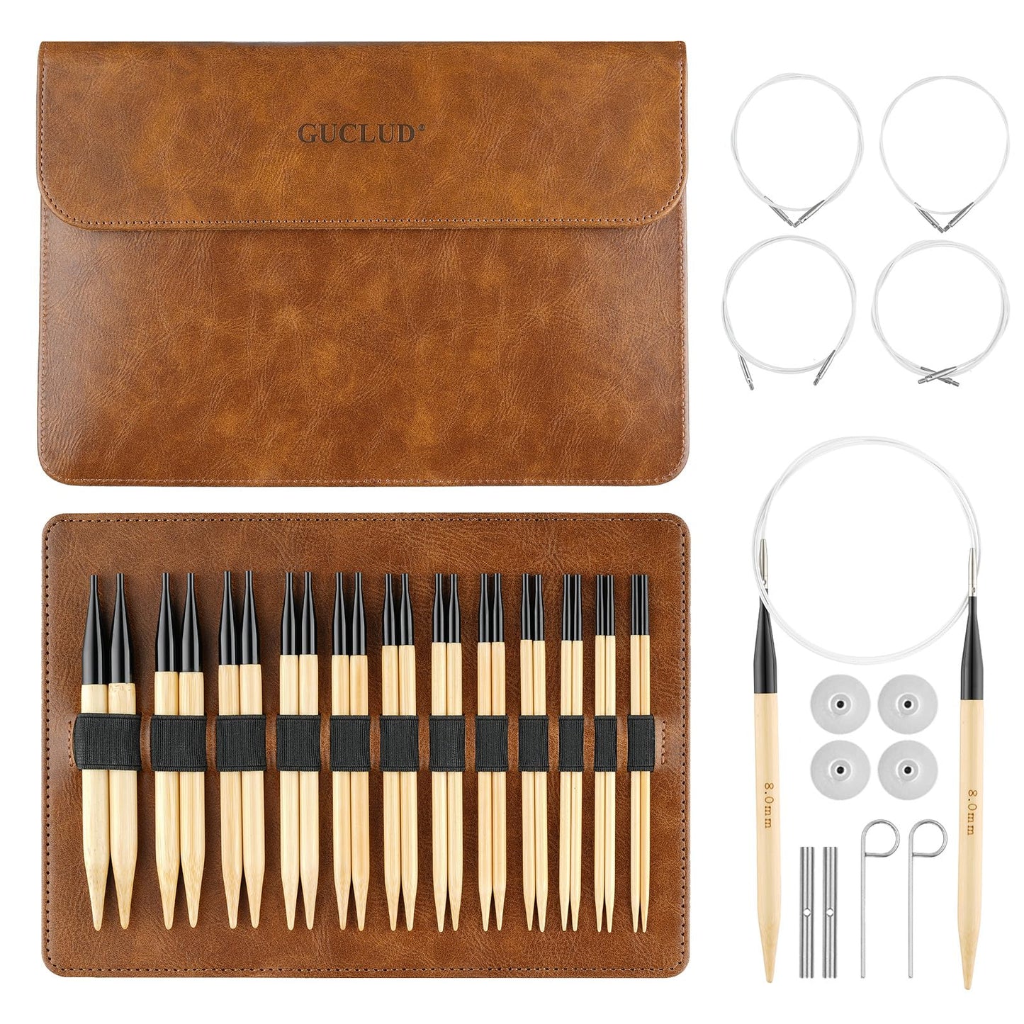 Guclud Bamboo Knitting Needles Set, 5-Inch Interchangeable Circular Knitting Needles US 4-15 (3.5-10mm),12 Pairs of Hand-Polished Circular Needles, 4 Cables, Accessories & Case (Black Tip)