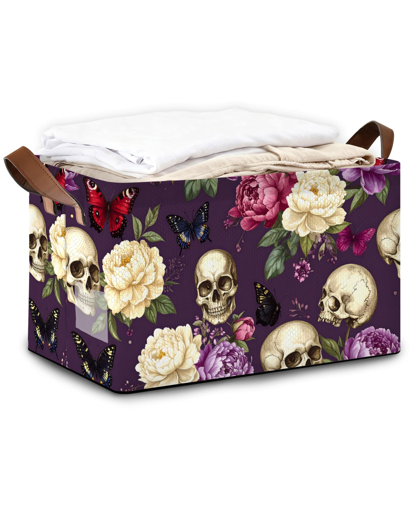 Oeaskly Storage Bins with Handles, Oxford Cloth Storage Basket with Sturdy Frame, Purple Flower Skeleton Collapsible Organizer for Closet, Shelf, Clothes, Towels, Home Storage