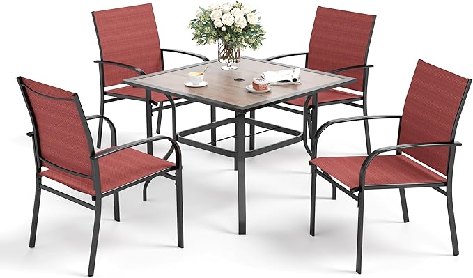 5 Piece Patio Dining Set for 4, 37'x37' Square Table with Umbrella Hole and 4 Metal Chairs, Outdoor Table and Chairs Set for Lawn, Backyard and Deck, Red