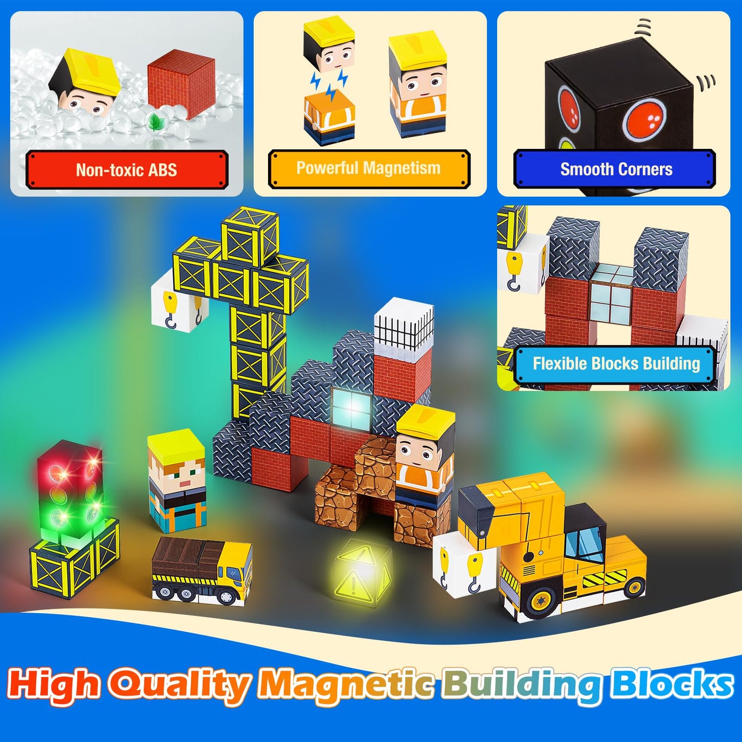 Tyholoo 45PCS Magnetic Blocks Travel Toys for Kids with Portable Iron Box, Mini Magnetic Cubes Outdoor Toys for Airplane & Car Ride STEM Learning Gift Idea for Ages 3+ Gift（ Construction Theme）
