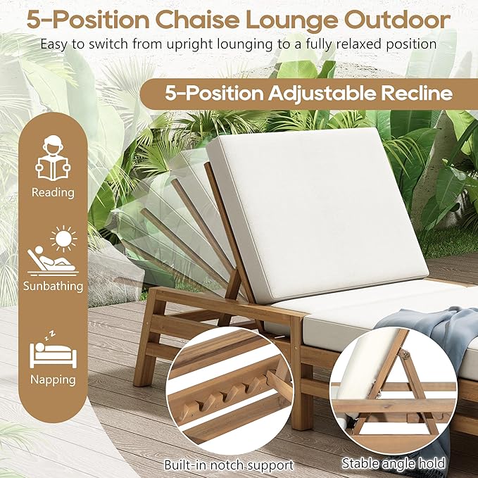 LUMISOL Patio Chaise Lounge Chair, 5-Position Adjustable Outdoor Chaise Lounge, Solid Wood Patio Recliner Chair with Thick Cushions, Weather-Resistant for Pool, Balcony, Garden, Light Teak