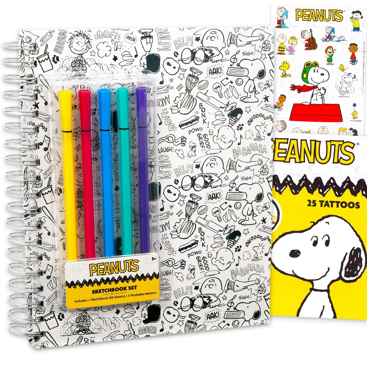 Peanuts Sketchbook Set - Bundle with Doodle Book Plus Markers, Stickers, Tattoos for Kids, Adults | Snoopy Journal Notebook Stationery Drawing Kit
