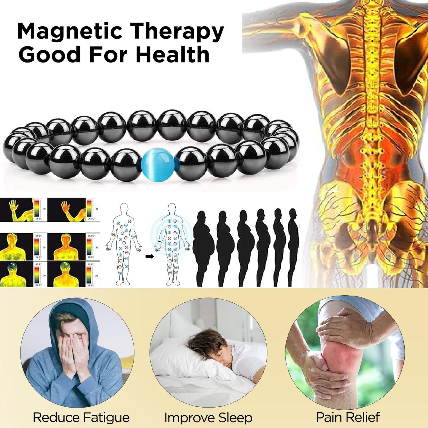 STCORPS7 Magnetic Bracelet Arthritis, Energy Healthy Jewelry, Therapy for Sleep, Crystal Bracelets Bring Luck, Prosperity and Happiness (3Pcs Hematite+Blue), 9.4 inch