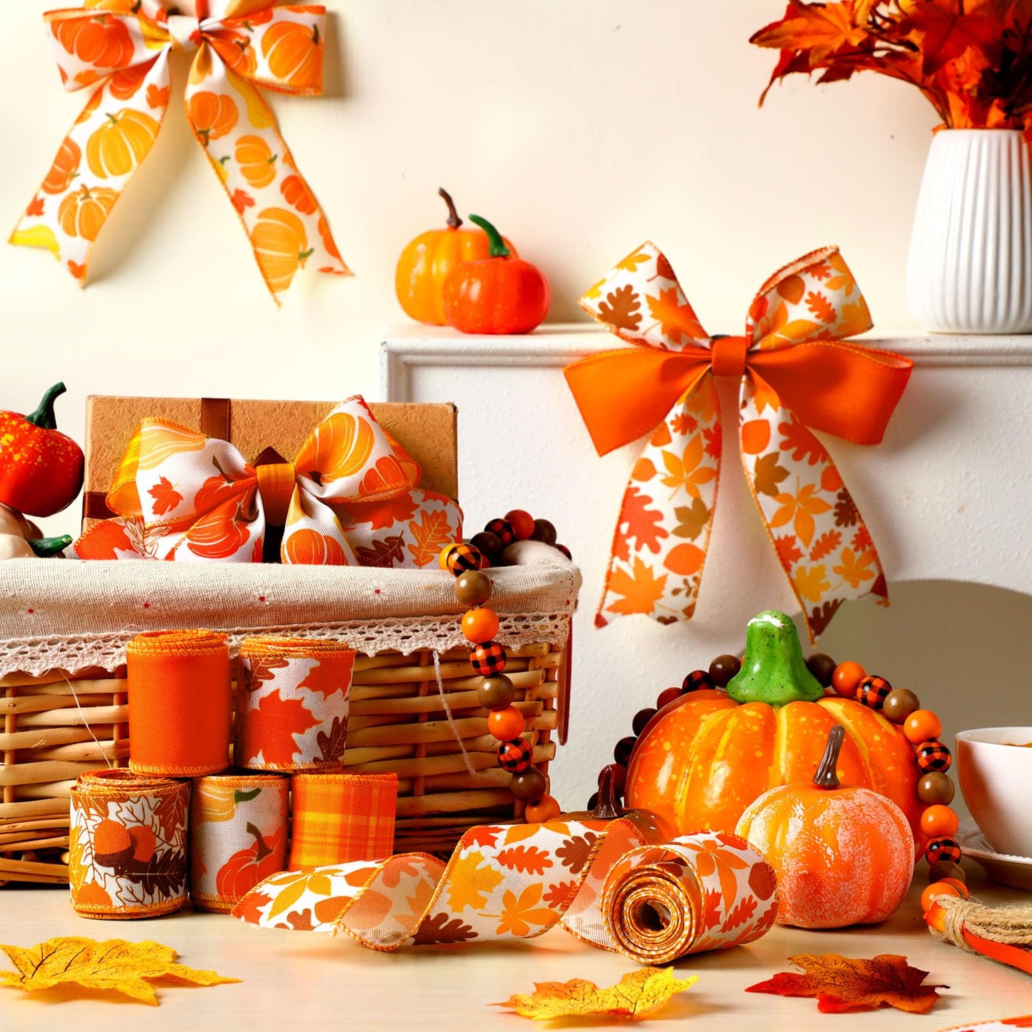 Giegxin 6 Rolls 30 Yards Thanksgiving Fall Wired Ribbon Burlap Wrapping Ribbon Plaid Pumpkin Maple Leaf Harvest Fall Thanksgiving Wreath Decoration for Autumn Crafts Bow Decor Gifts Making