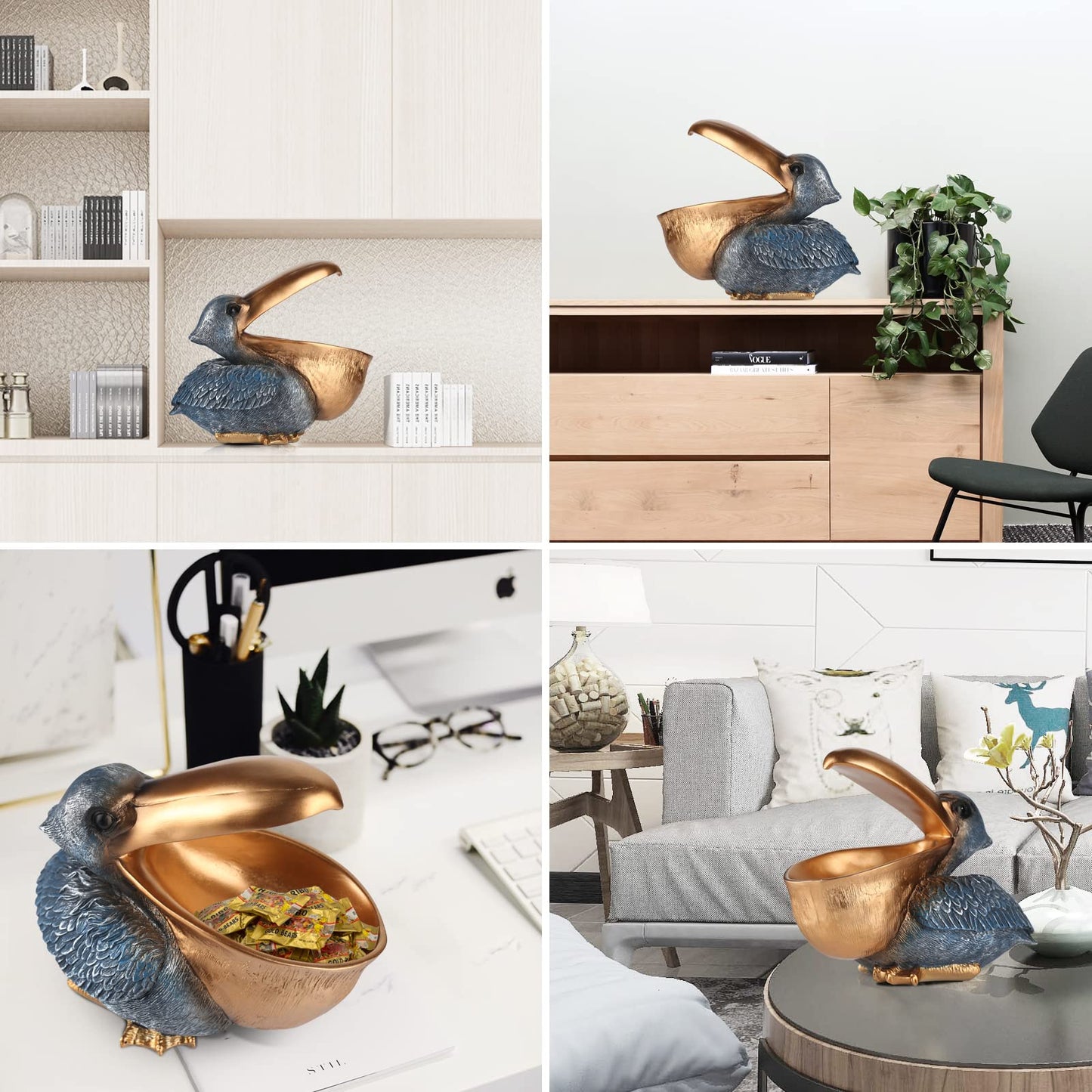 PlivBloom Pelican Key Holder Statues,Fun Animal Hippo Candy Dish,Candy Dish for Office Desk Unique,Modern Key Holder for Pelican Figurine,Suitability Desk candy bowl and Entry Table Decor Items(Gold1)