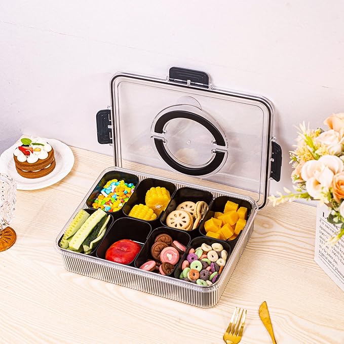 Patent Design Ribbed Snackle Box Container Divided Serving Tray with Lid and Handle -Charcuterie Container Portable Storage Organizer for Candy, Fruit, Beach, Picnics（1 pcs, Black）