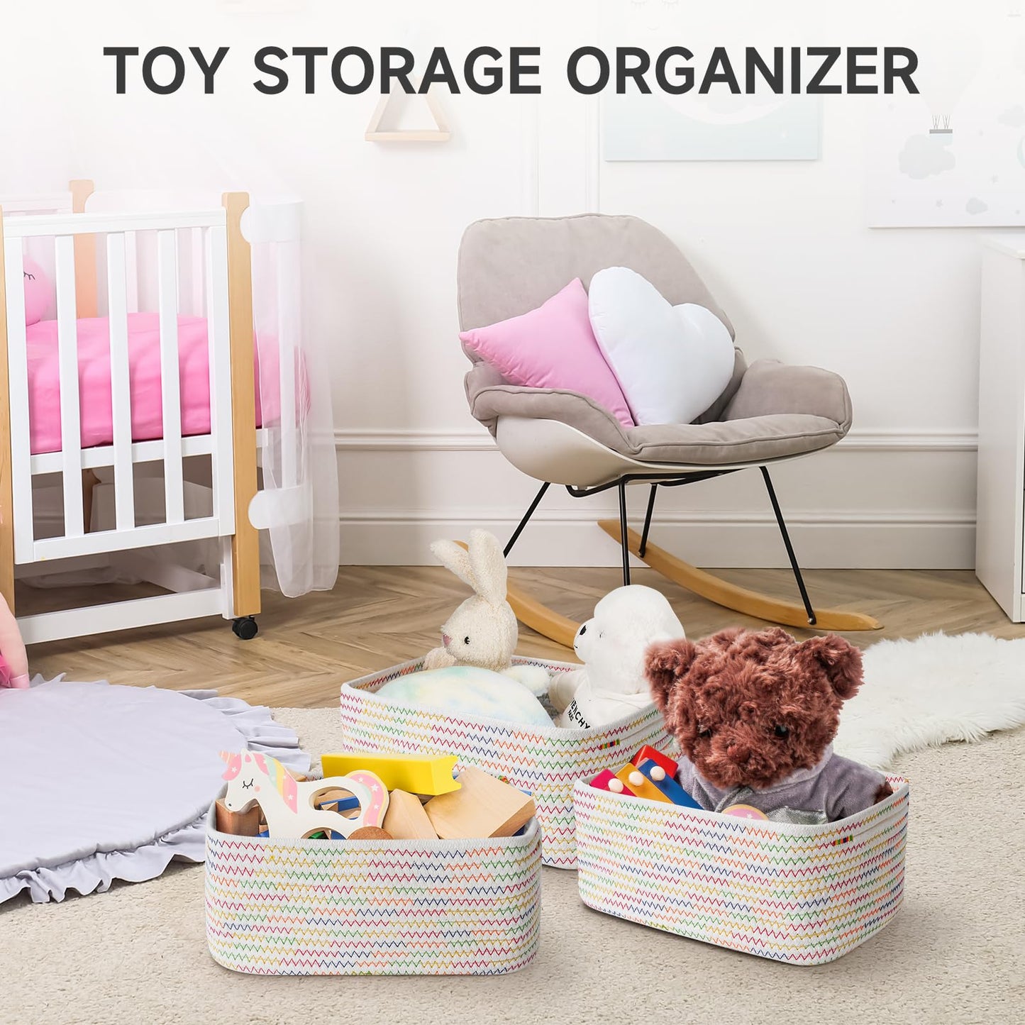 Maxuni 3-Pcs Shelf Baskets for Organizing, Closet Organizer Bins, Small Woven Baskets, Rope Toy Basket, Storage Basket for Shelves, Cube Decorative Box, 11.8×7.8×5.1”, Rainbow