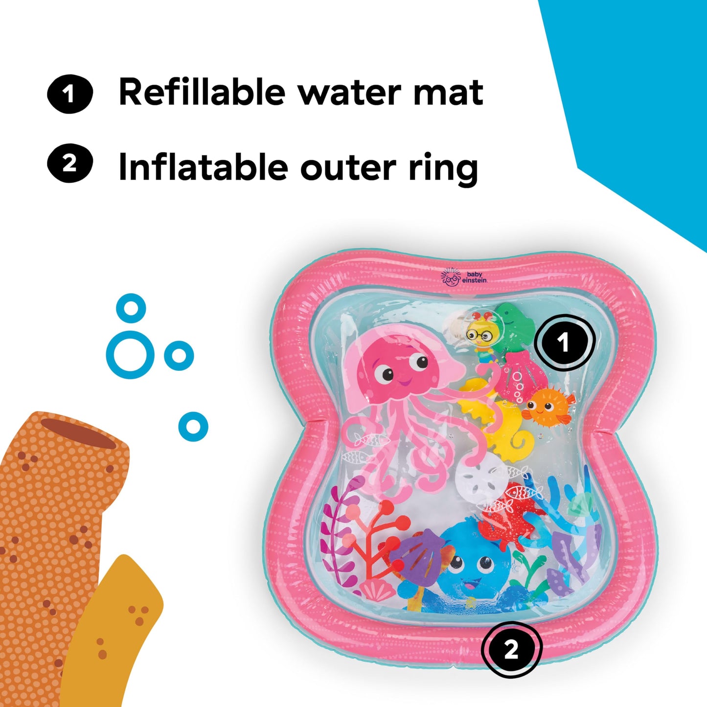 Baby Einstein Ocean Explorers Jiggling Janet Water Mat, Baby Water Mat with 6 Floating Ocean Shapes for Cause & Effect, Multisensory, Multisensory, Pink, Newborn +