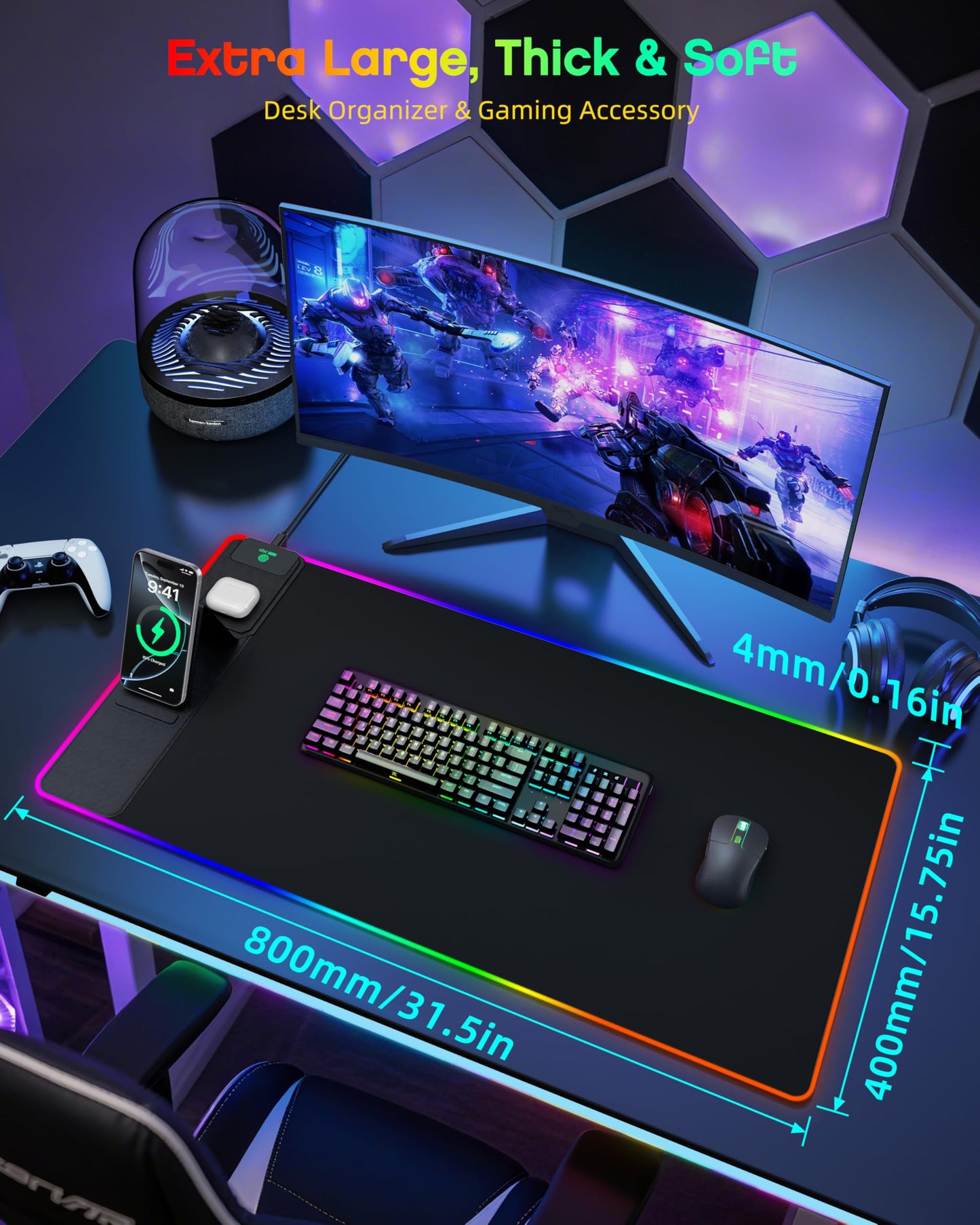 abc.mat 4-in-1 RGB Gaming Mouse Pad with Wireless Charging & Phone Stand, 31.5"x15.8" Large, 24 Light Effects, Non-Slip Base, Waterproof Ultra-Smooth Surface, with Adatper, No Adatper
