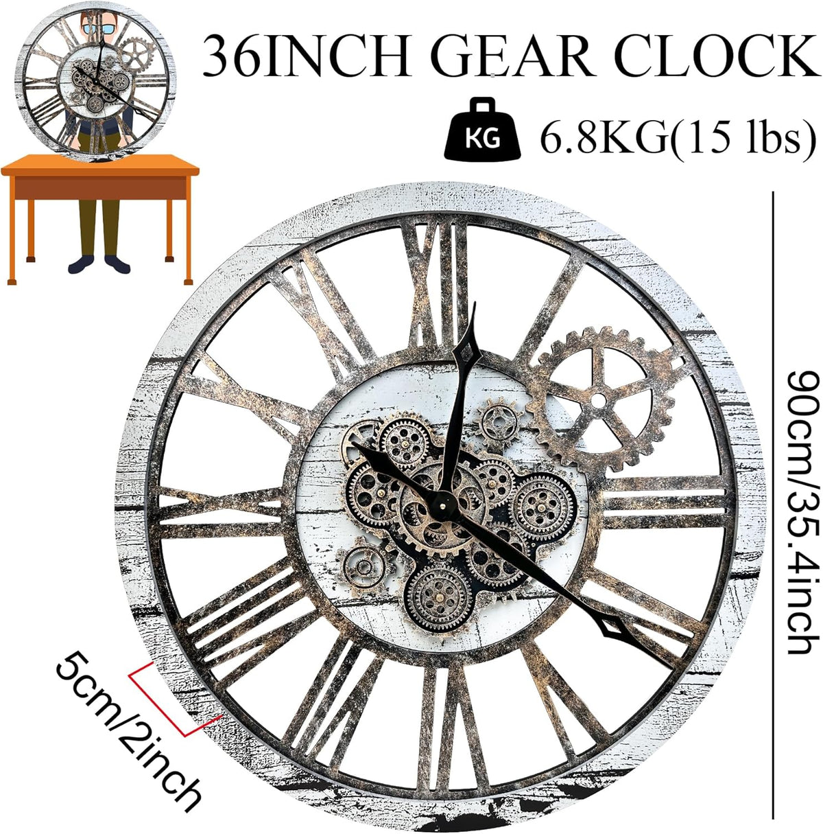 The B-Style 36" Large Moving Gear Wall Clock Oversized Vintage Farmhouse Wall Clocks for Living Room Decor Rustic Industrial Wood Clock (Gray White and Bronze Gears)