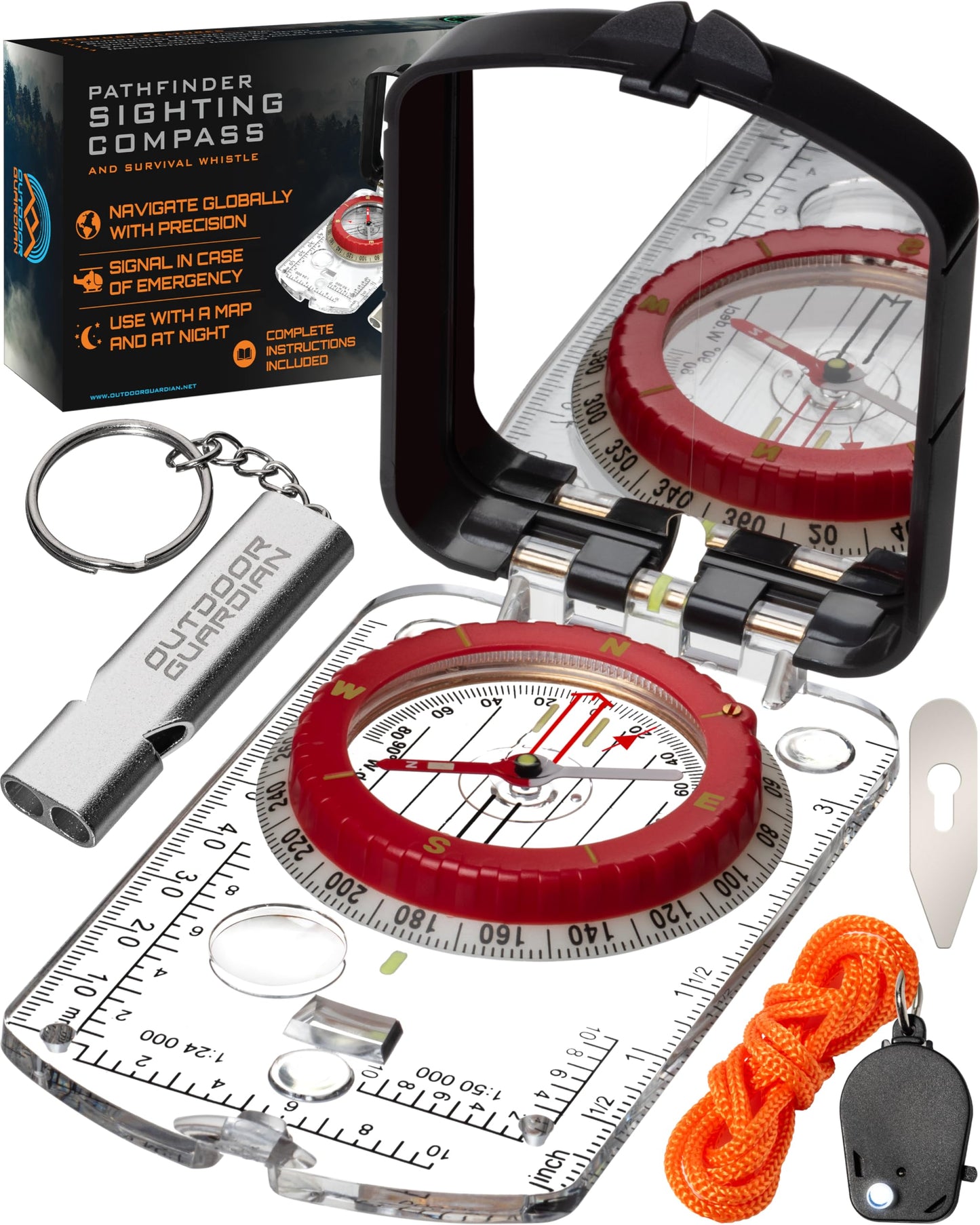 Outdoor Guardian Pathfinder Sighting Compass - Precise Navigation, Hiking and Orienteering Mirror Compass with Luminous Bezel, Adjustable Declination, Clinometer, LED and Survival Whistle, Scout Gifts