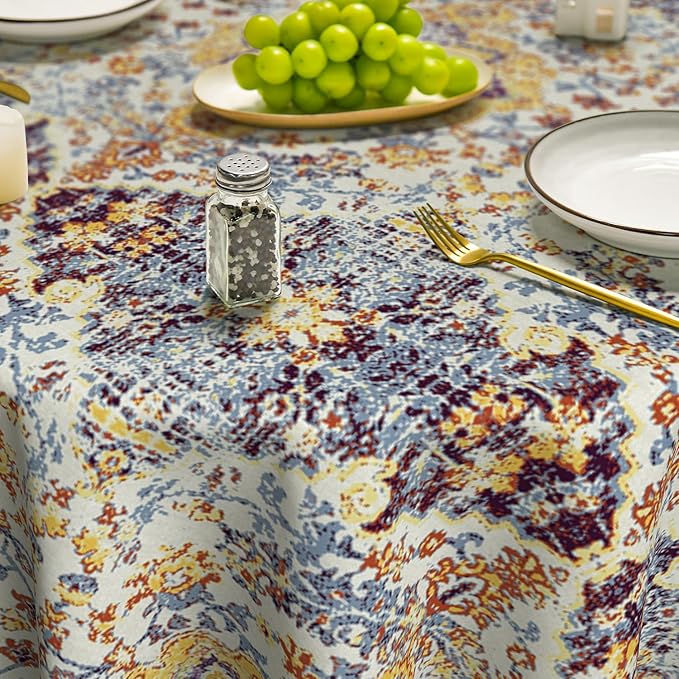 Horaldaily Boho Bohemia Style Tablecloth 70×70 Inch Round, Yellow Vintage Country Rustic Farmhouse Magical Fall Orange Washable Seasonal Table Cover for Party Picnic Dinner Decor
