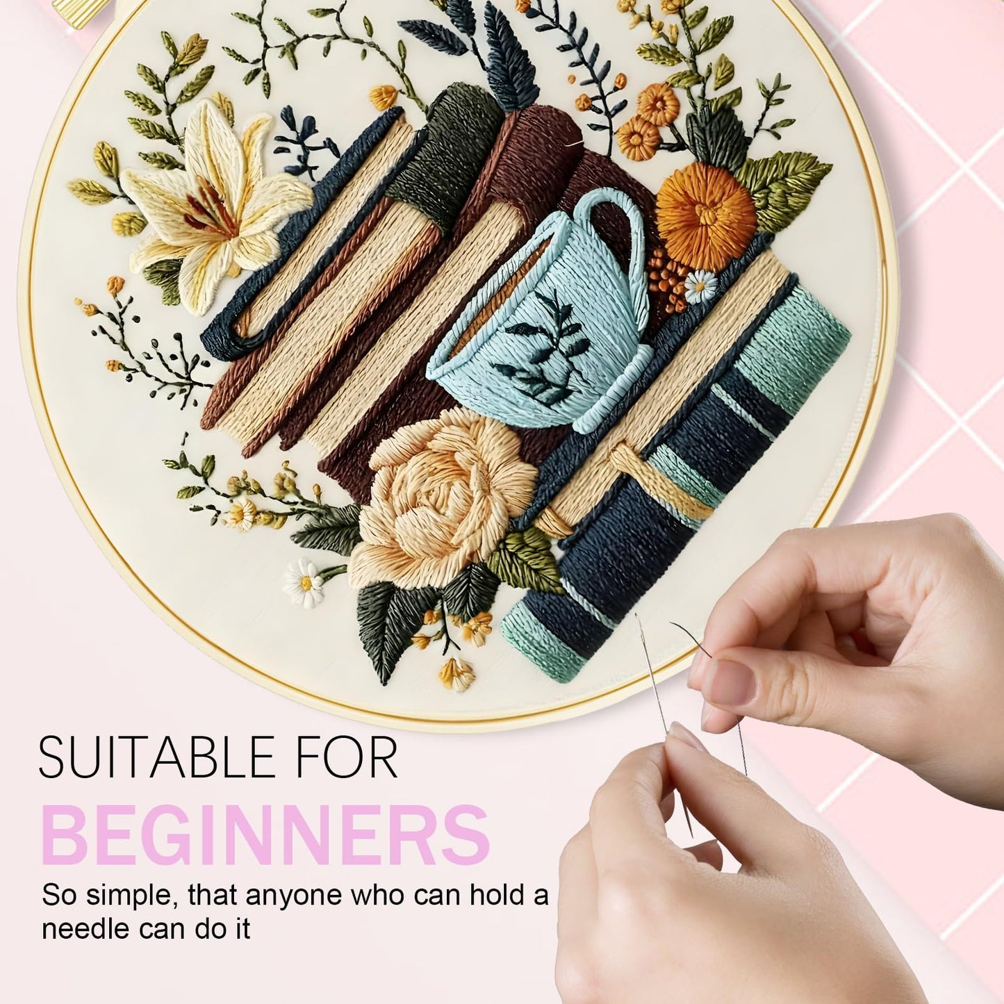 Huacan Flowers Embroidery Kit for Beginners Stamped Books and Flowers Pattern Cross Stitch Kit with Instructions