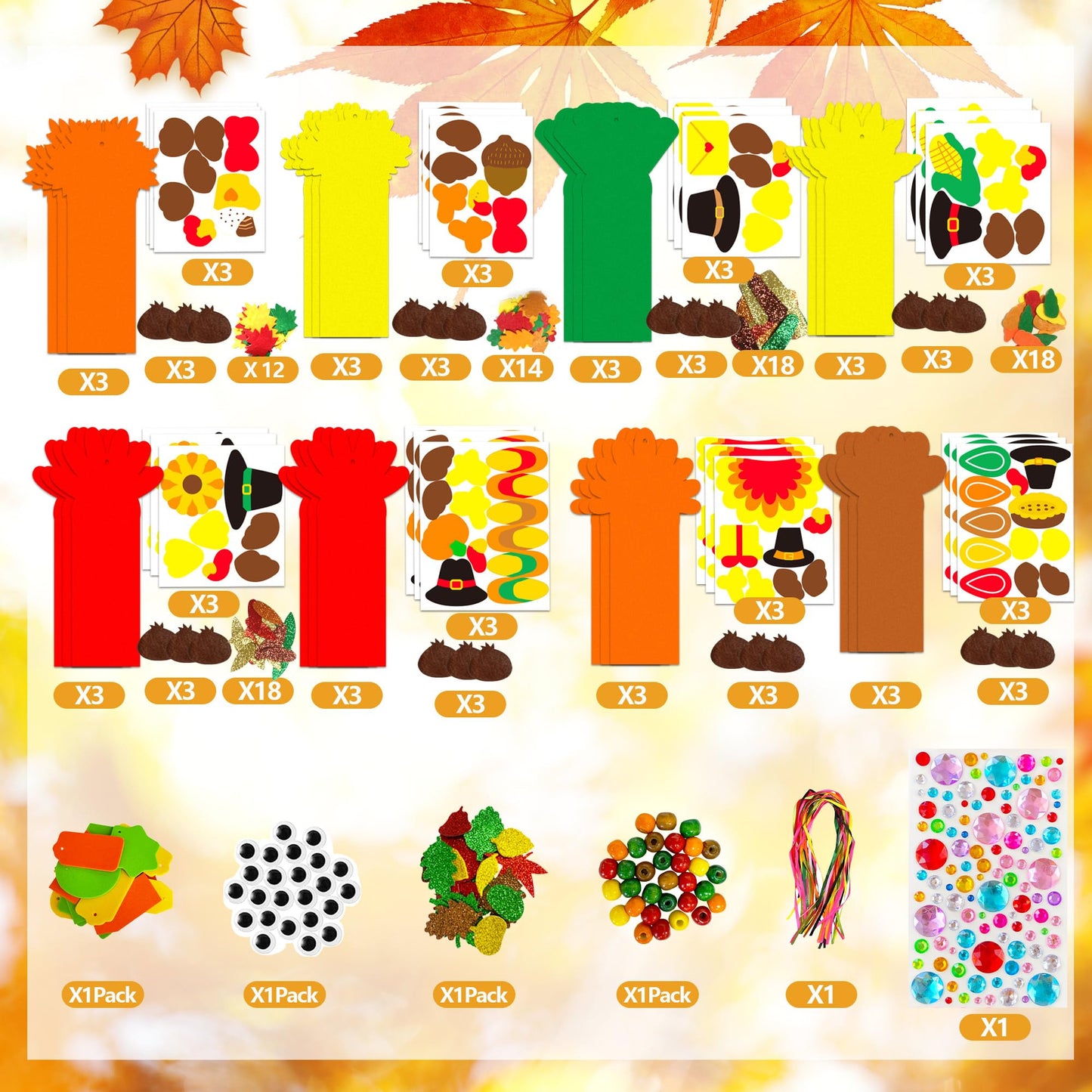 EUVBOKW 24 Sets Thanksgiving Turkey Craft Kits,Fall DIY Felt Bookmarks with Autumn Leaf Stickers Activities for Thanksgiving