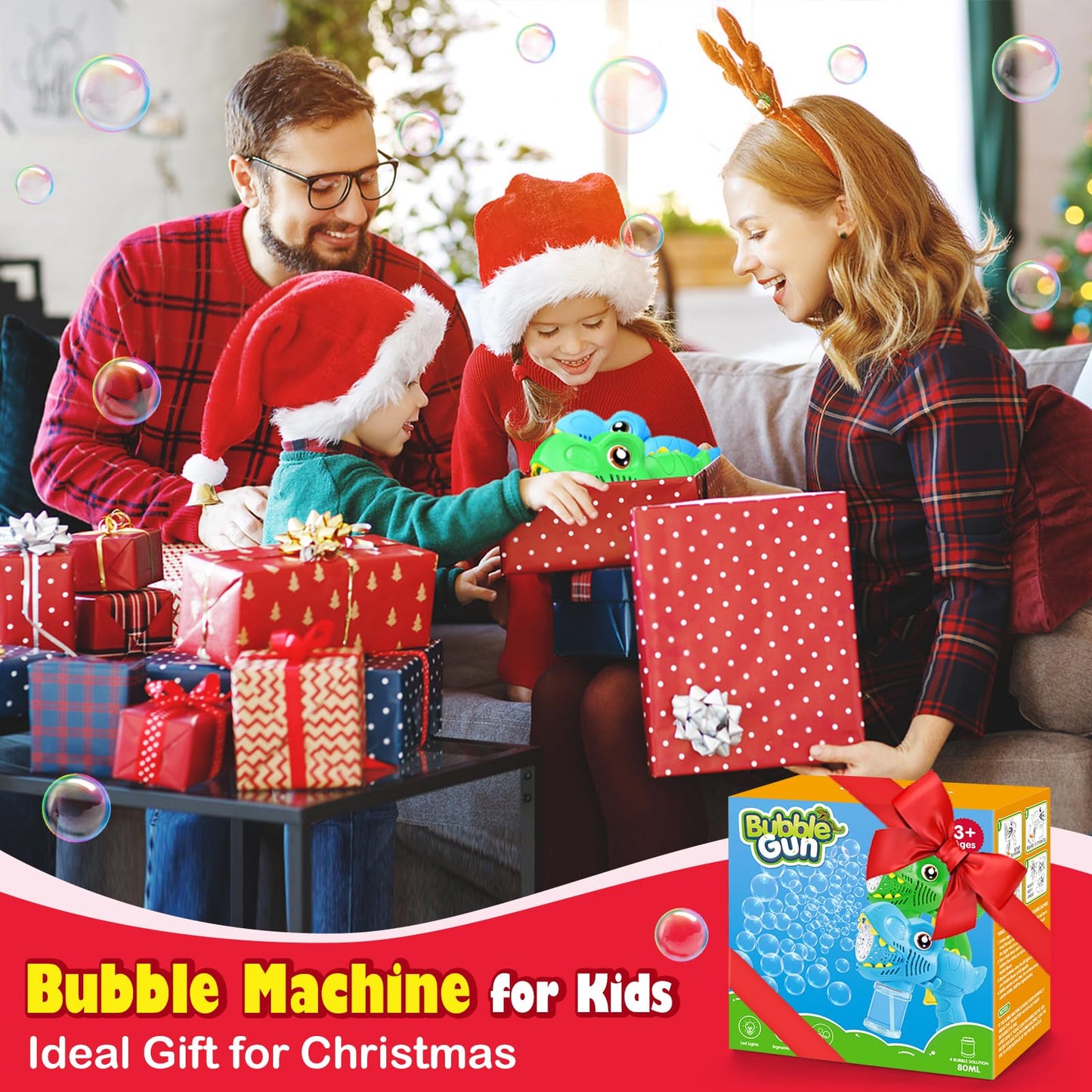 Kids Bubble Gun 2 Pack Dino Bubble Machine Gun for Toddlers with 4 Solutions Outdoor Toys Automatic 13-Hole Bubbles for Kids Blower Maker Easter Basket Stuffers Valentines Gift Party for Boys Girls