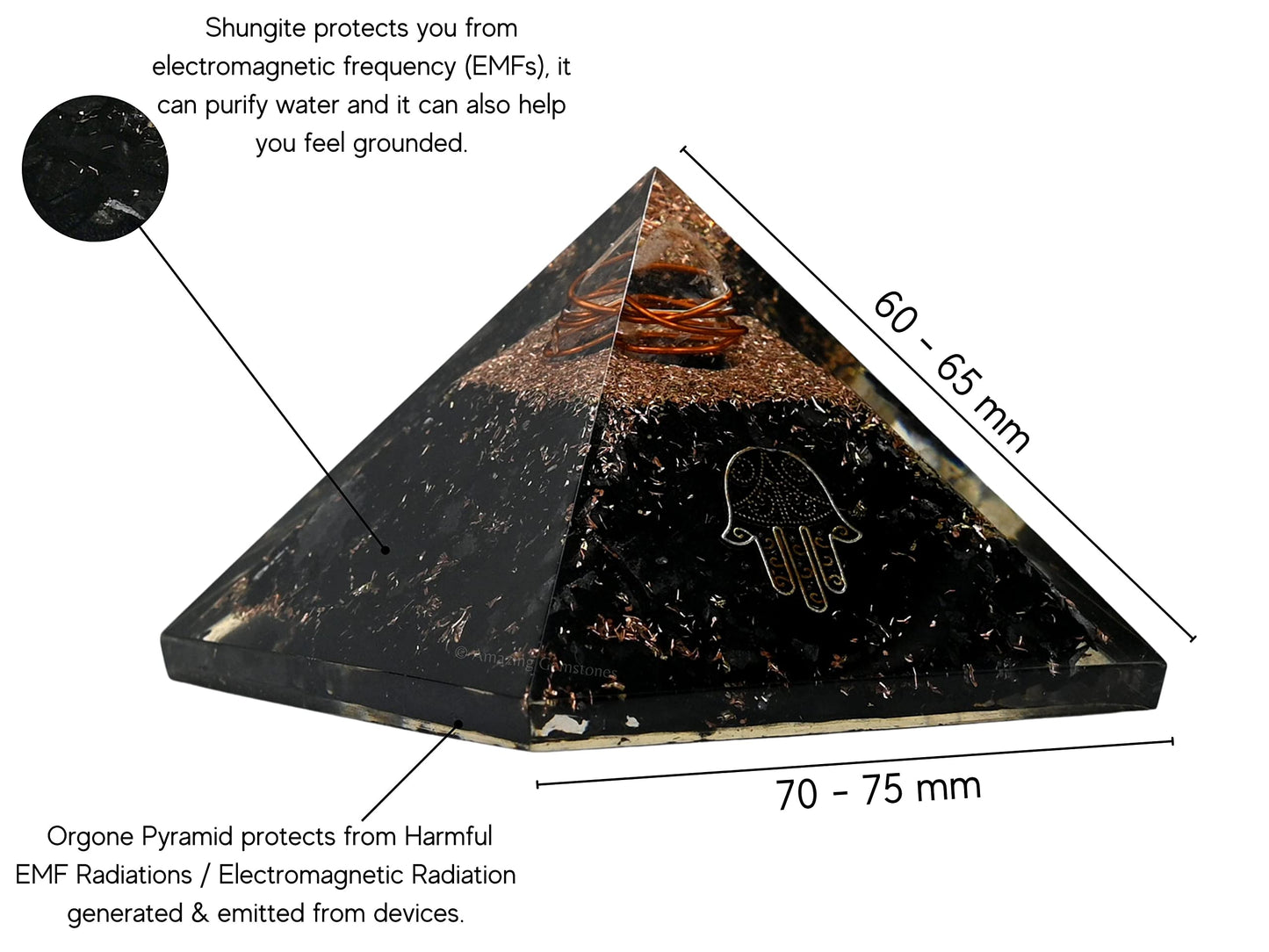 Amazing Gemstone Large Black Tourmaline Orgone Pyramid Crystal, Hamsa Hand Evil Eye Orgonite Pyramid - Positive Energy Healing