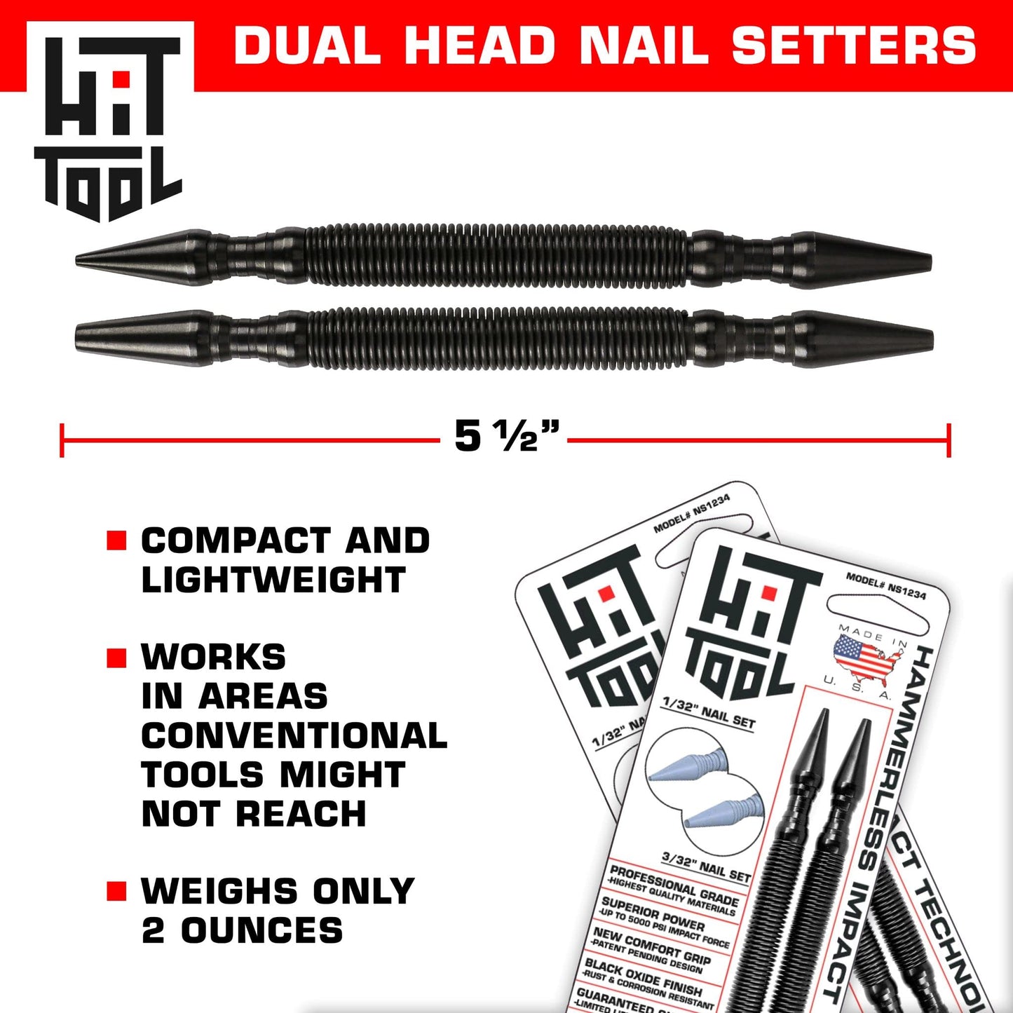 HIT Tool Pro Finish Kit includes 1/32"(#1), 2/32"(#2), 3/32"(#3), 4/32"(#4) Combination Nail Setters (2 Piece) Hammerless Spring Punch Set