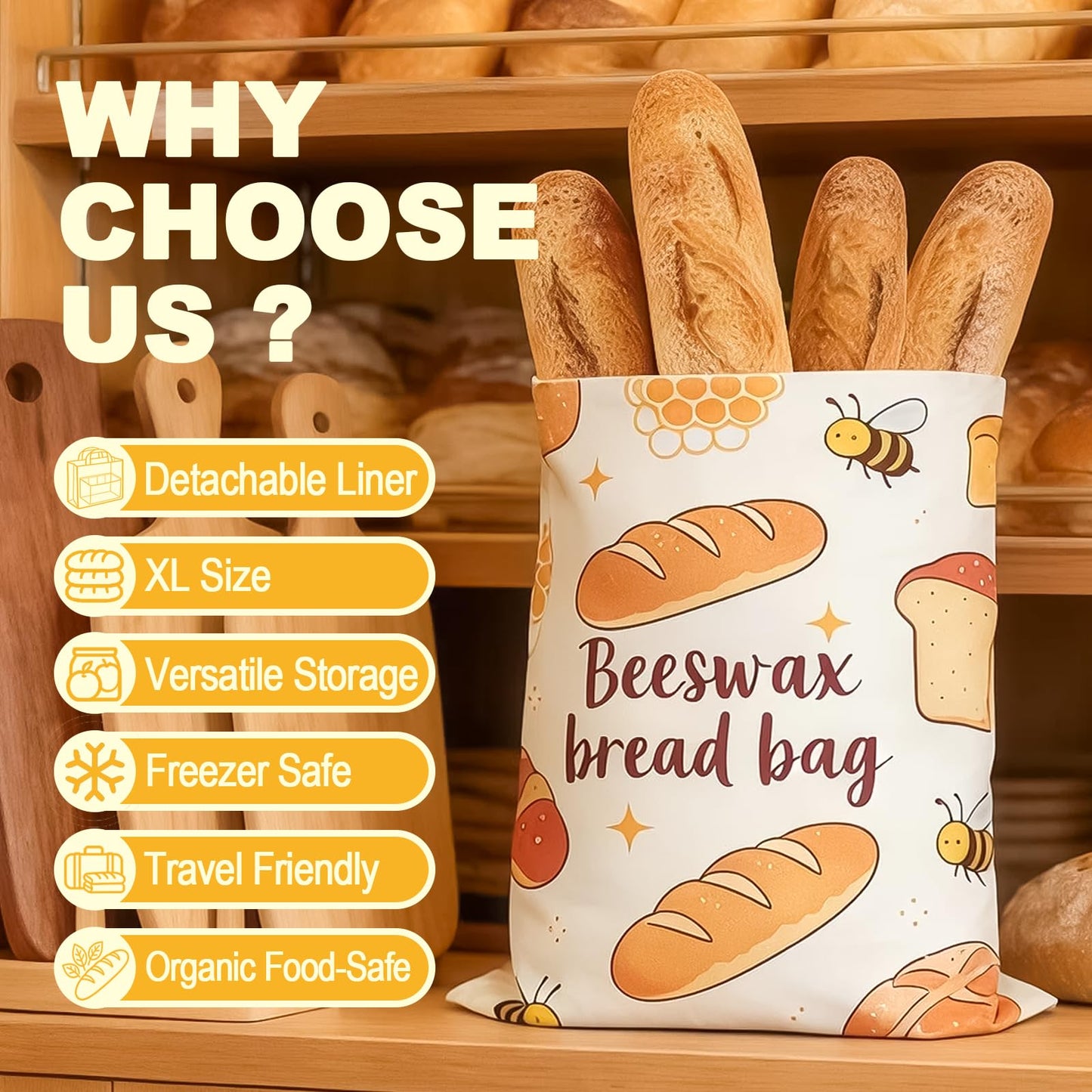 JUNMEI 2 Pack Natural Beeswax Food Wraps, Reusable Organic Cotton Bread Bags with Honeycomb Texture, Plastic Free Storage for Sourdough, Freezer Safe, 12.6x17 Inches