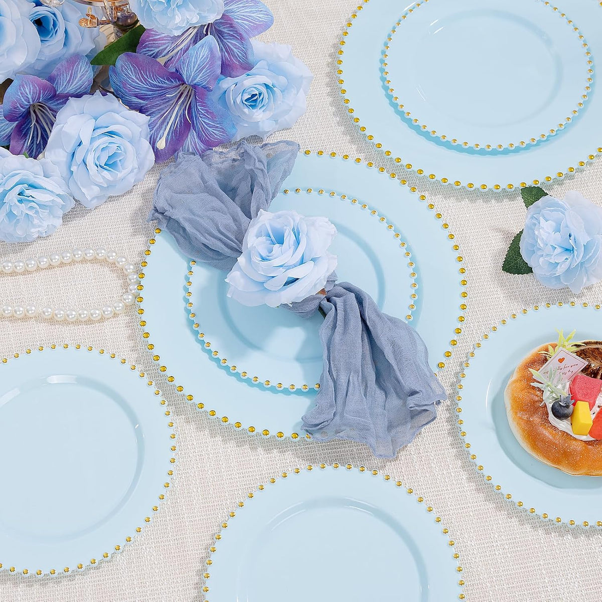 supernal 100PCS Blue Plastic Plates with Gold Beads - Disposable Heavy Duty Elegant Light Blue Plastic Plates Set Include 50 Dinner Plate and 50 Dessert Plate Perfect for Wedding, Birthday & Party